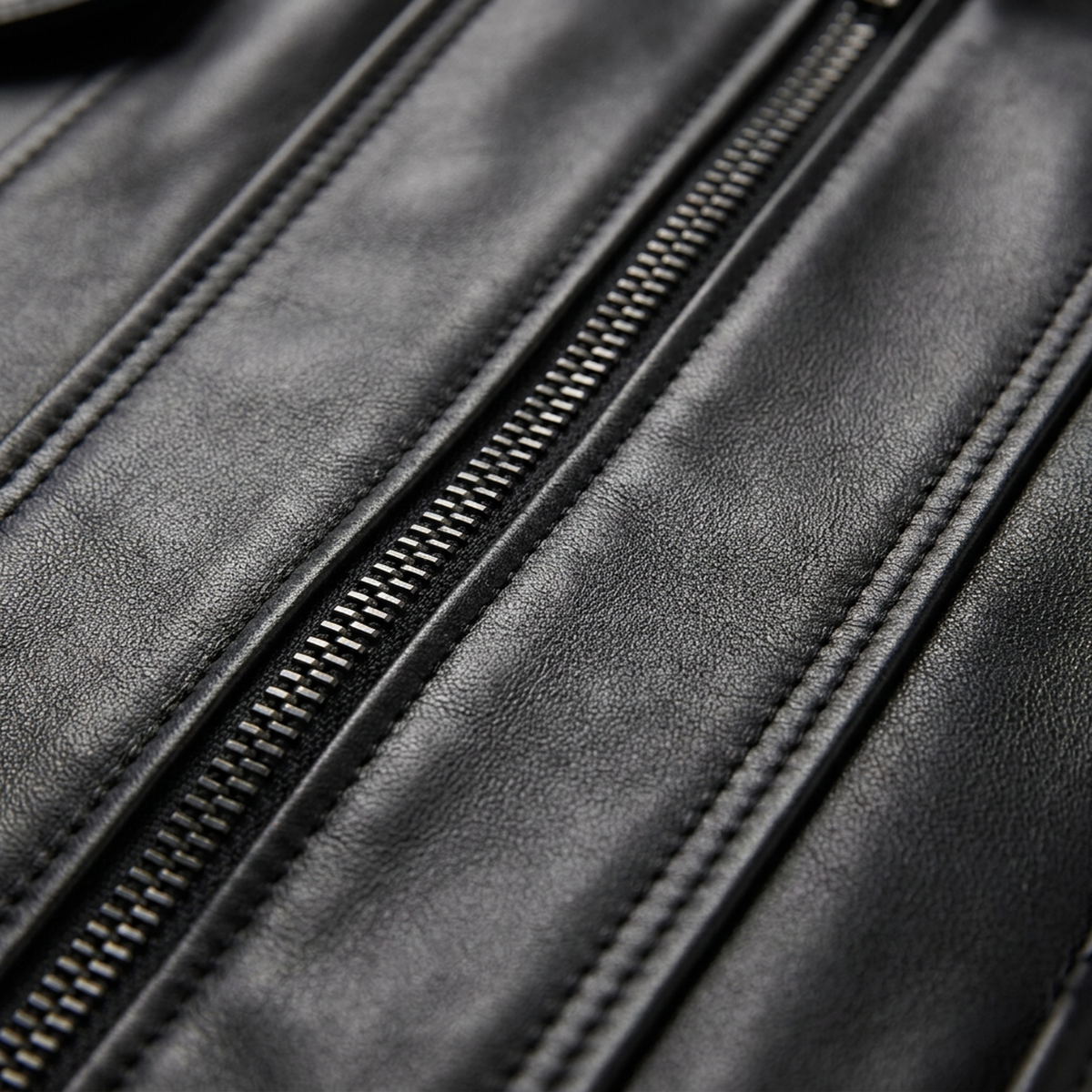 Cuir d'agneau noir, couture verticale surpiquée et glissière en macro, ensemble COLETTE