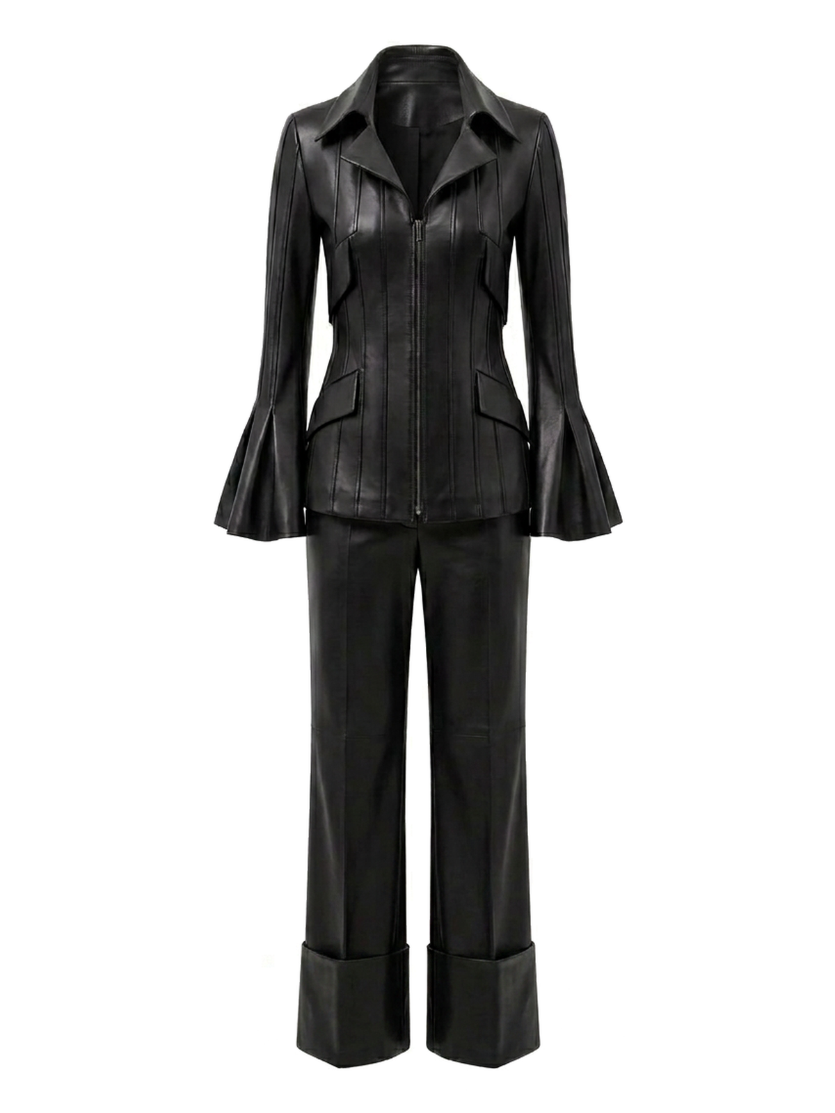 Ensemble COLETTE, veste et pantalon en cuir d'agneau noir, vus de face sur mannequin invisible