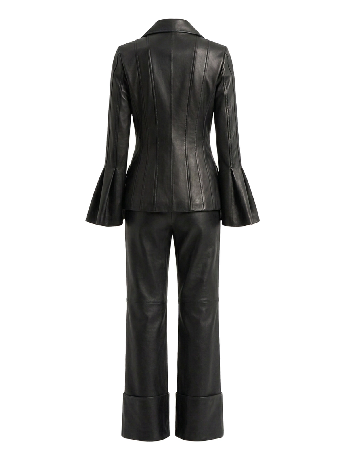 Ensemble COLETTE, veste et pantalon en cuir d'agneau noir, vus de dos sur mannequin invisible