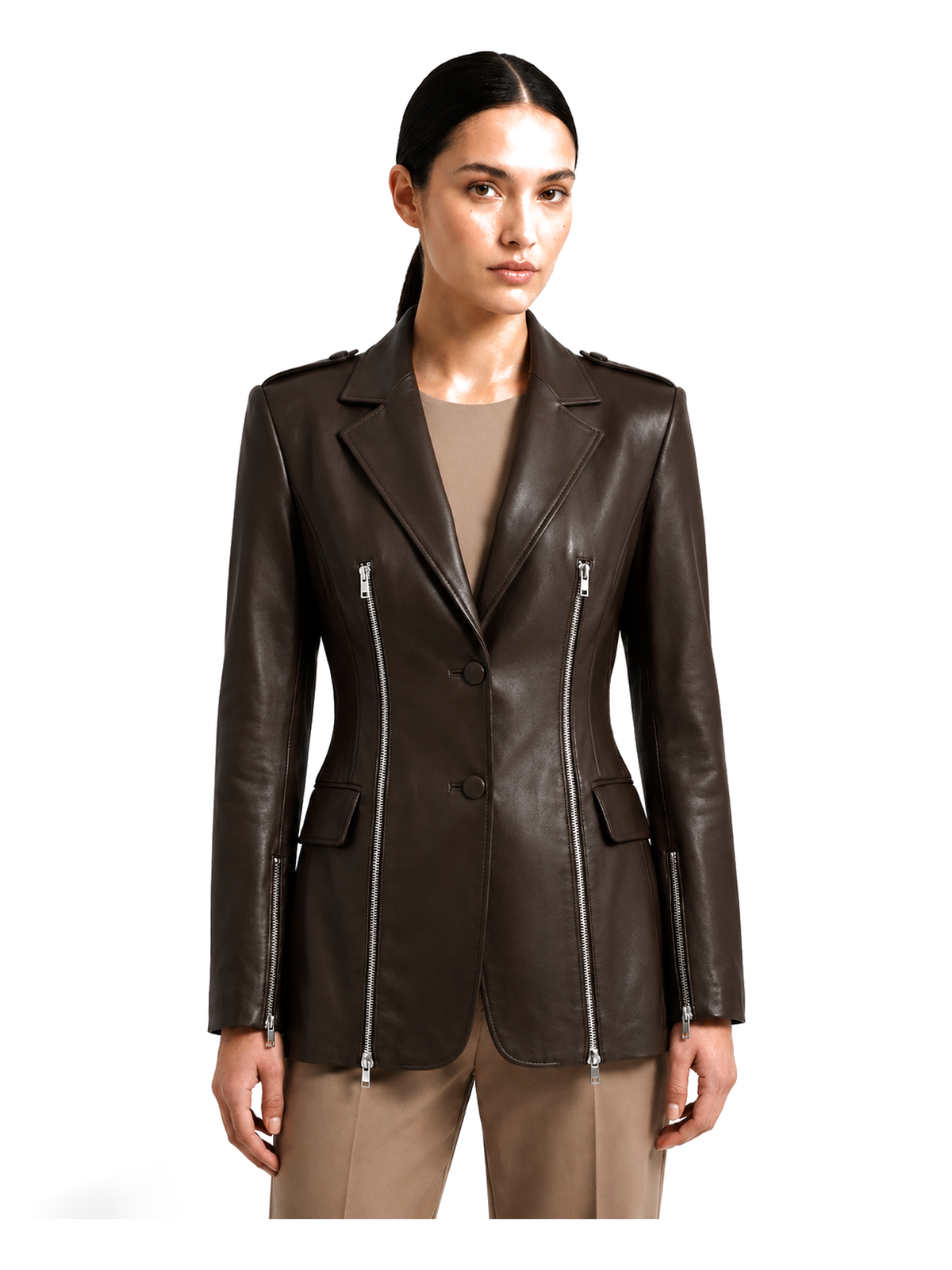 VALÉRIE, blazer zippé en cuir espresso, porté par un mannequin, vue de face.