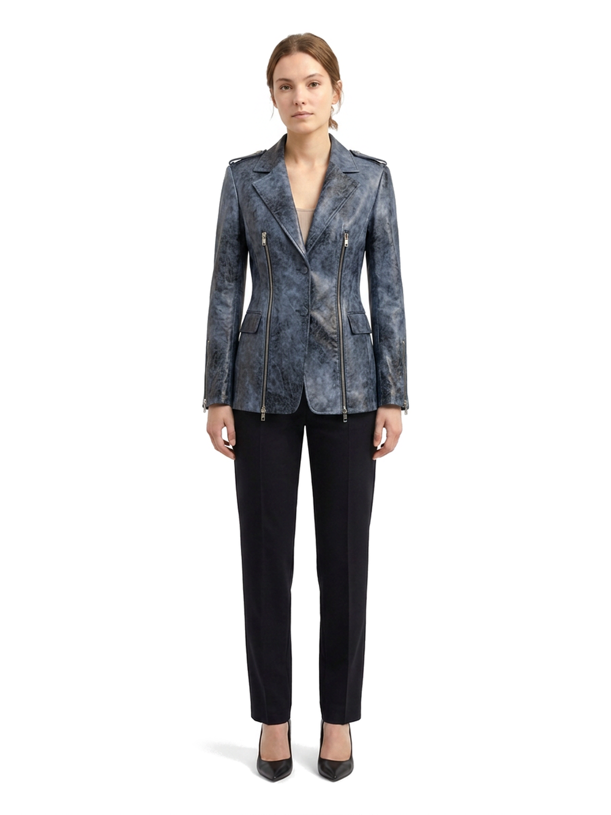 Blazer VALÉRIE en cuir d'agneau vieilli bleu délavé, deux glissières argent, porté de face