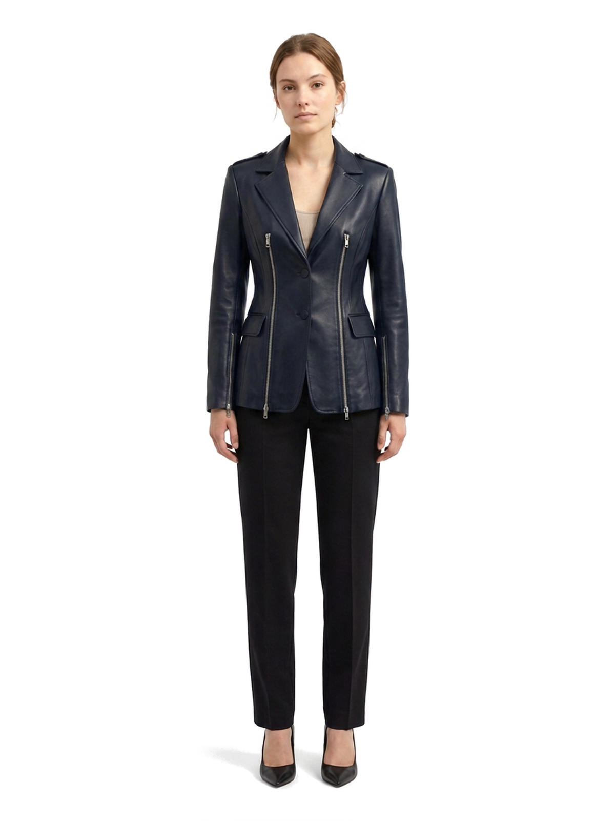 Blazer VALÉRIE en cuir d'agneau bleu nuit, deux glissières argent, porté de face