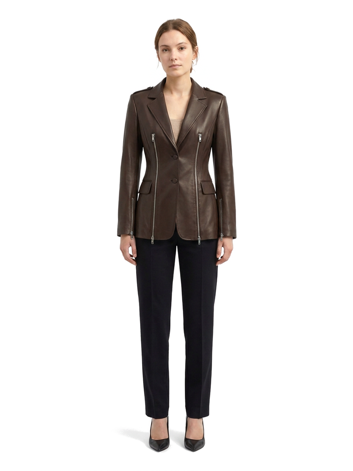 Blazer VALÉRIE en cuir d'agneau espresso, deux glissières argent, porté de face