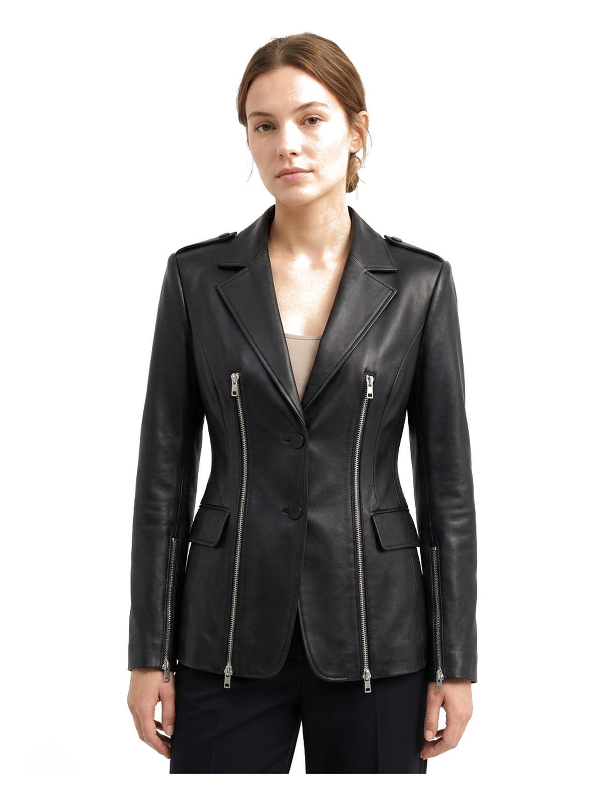 VALÉRIE, blazer zippé en cuir noir, porté par un mannequin, vue de face.