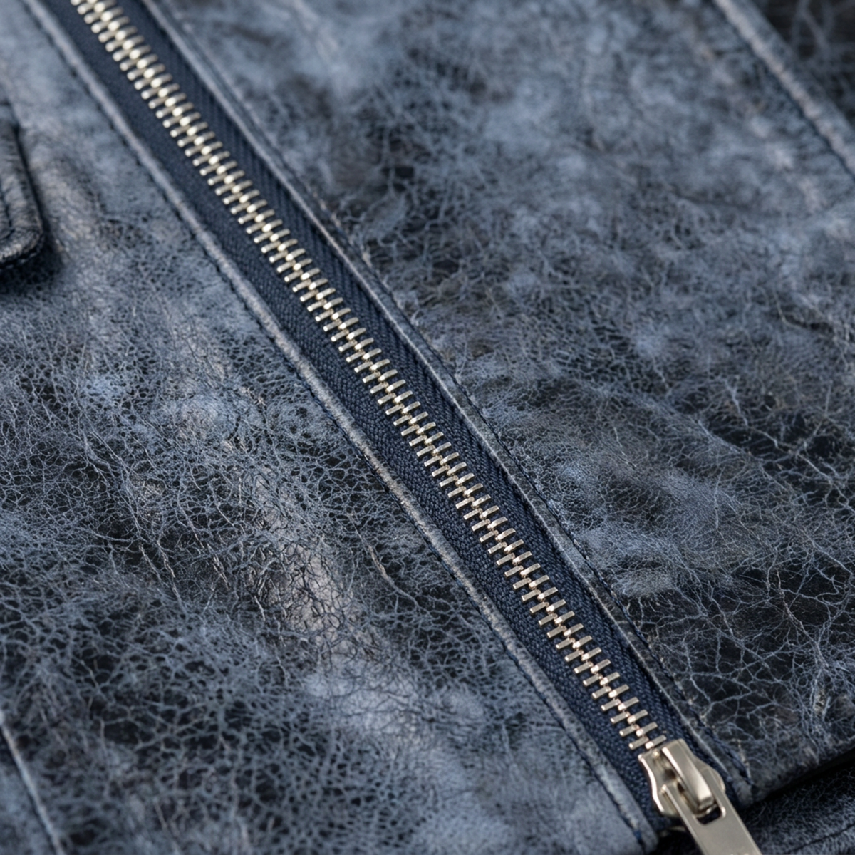 Cuir d'agneau vieilli bleu délavé et glissière argent en macro, blazer VALÉRIE