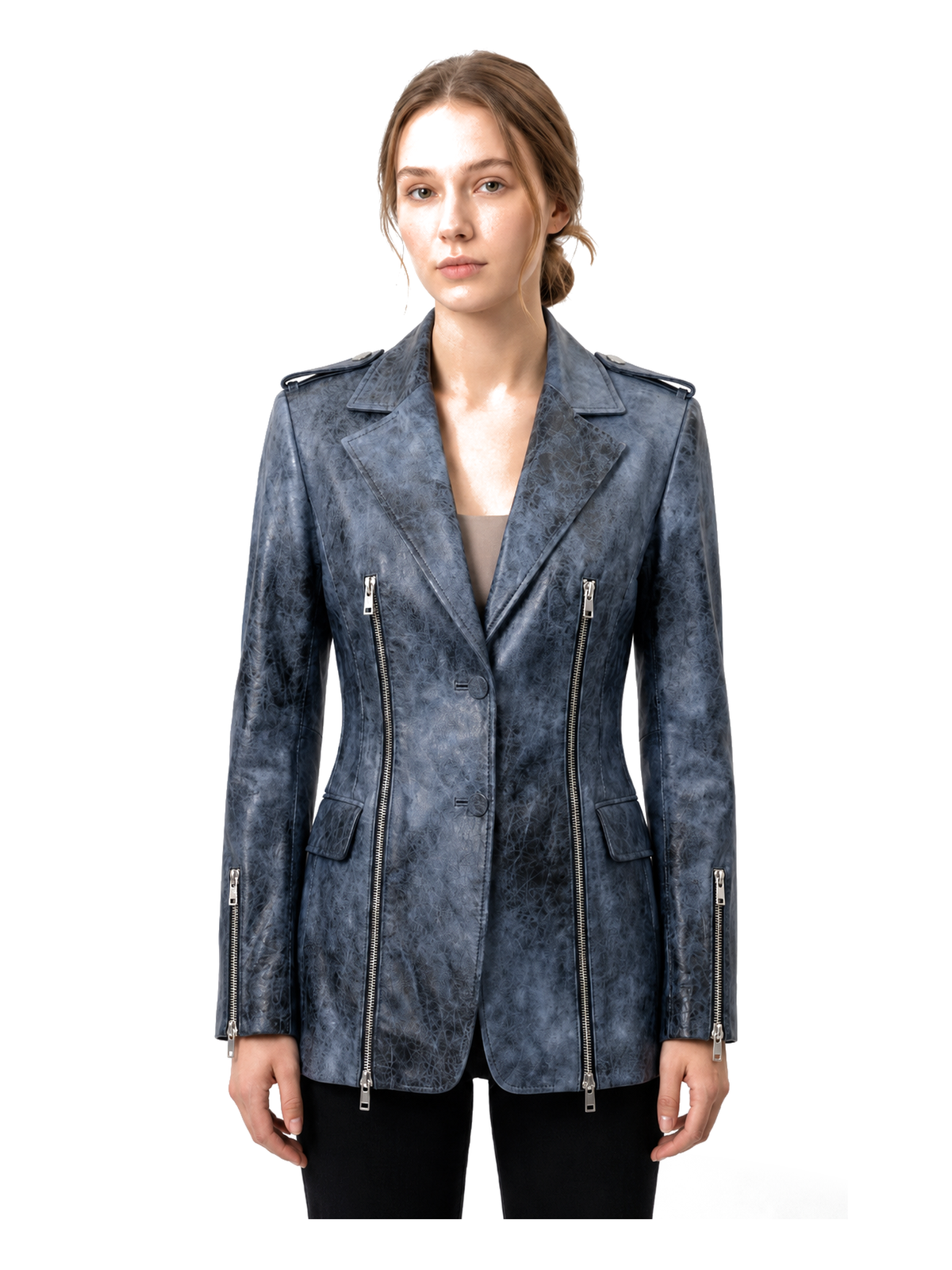 VALÉRIE, blazer zippé en cuir coloris 1040, porté par un mannequin, vue de face.