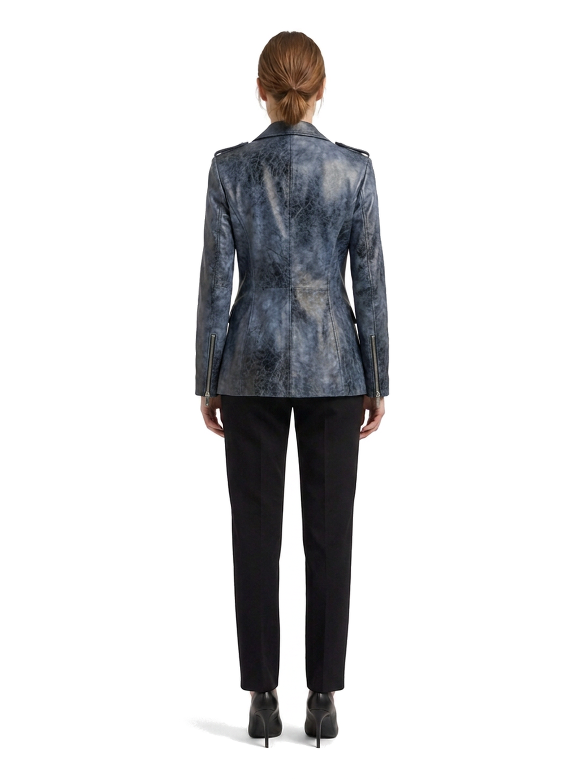 Blazer VALÉRIE en cuir d'agneau vieilli bleu délavé, deux glissières argent, vue de dos