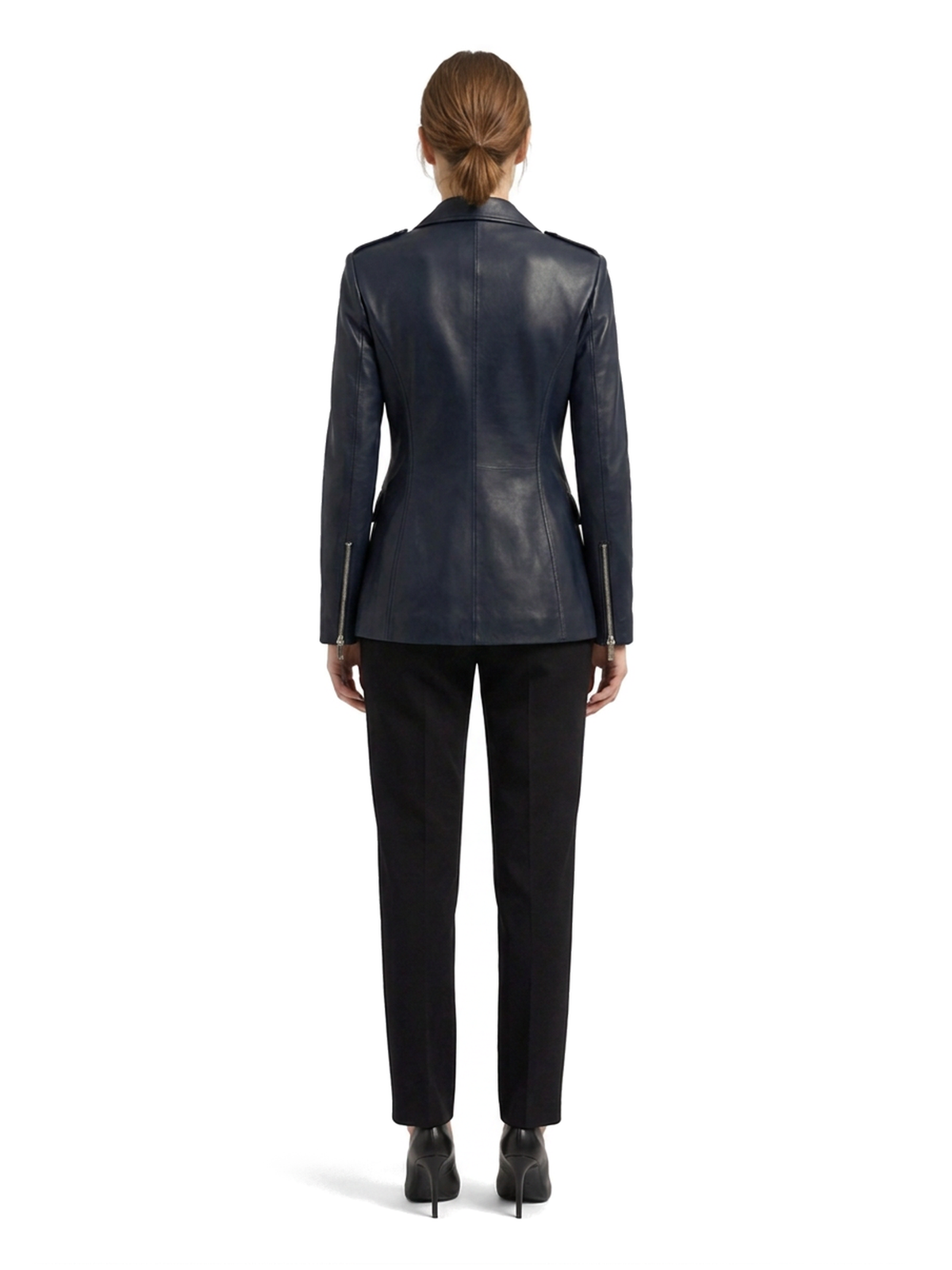 Blazer VALÉRIE en cuir d'agneau bleu nuit, deux glissières argent, vue de dos