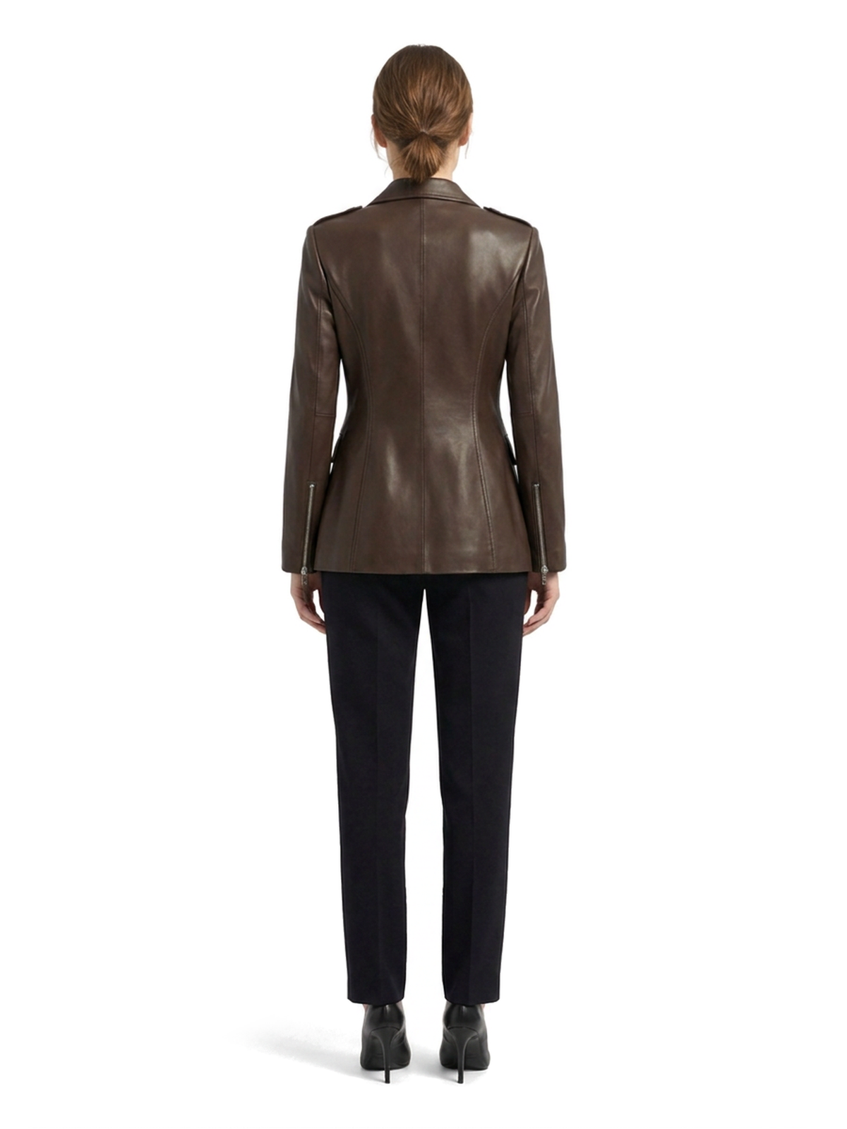 Blazer VALÉRIE en cuir d'agneau espresso, deux glissières argent, vue de dos