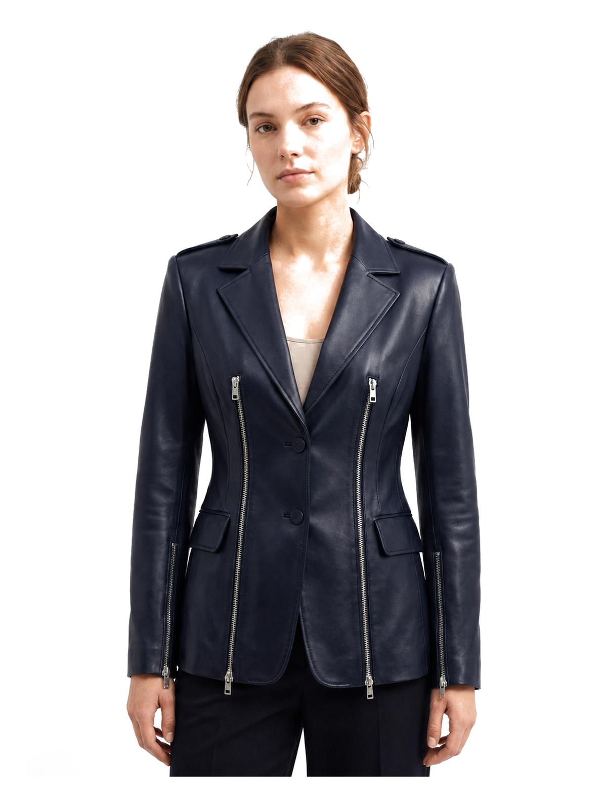 VALÉRIE, blazer zippé en cuir bleu nuit, porté par un mannequin, vue de face.
