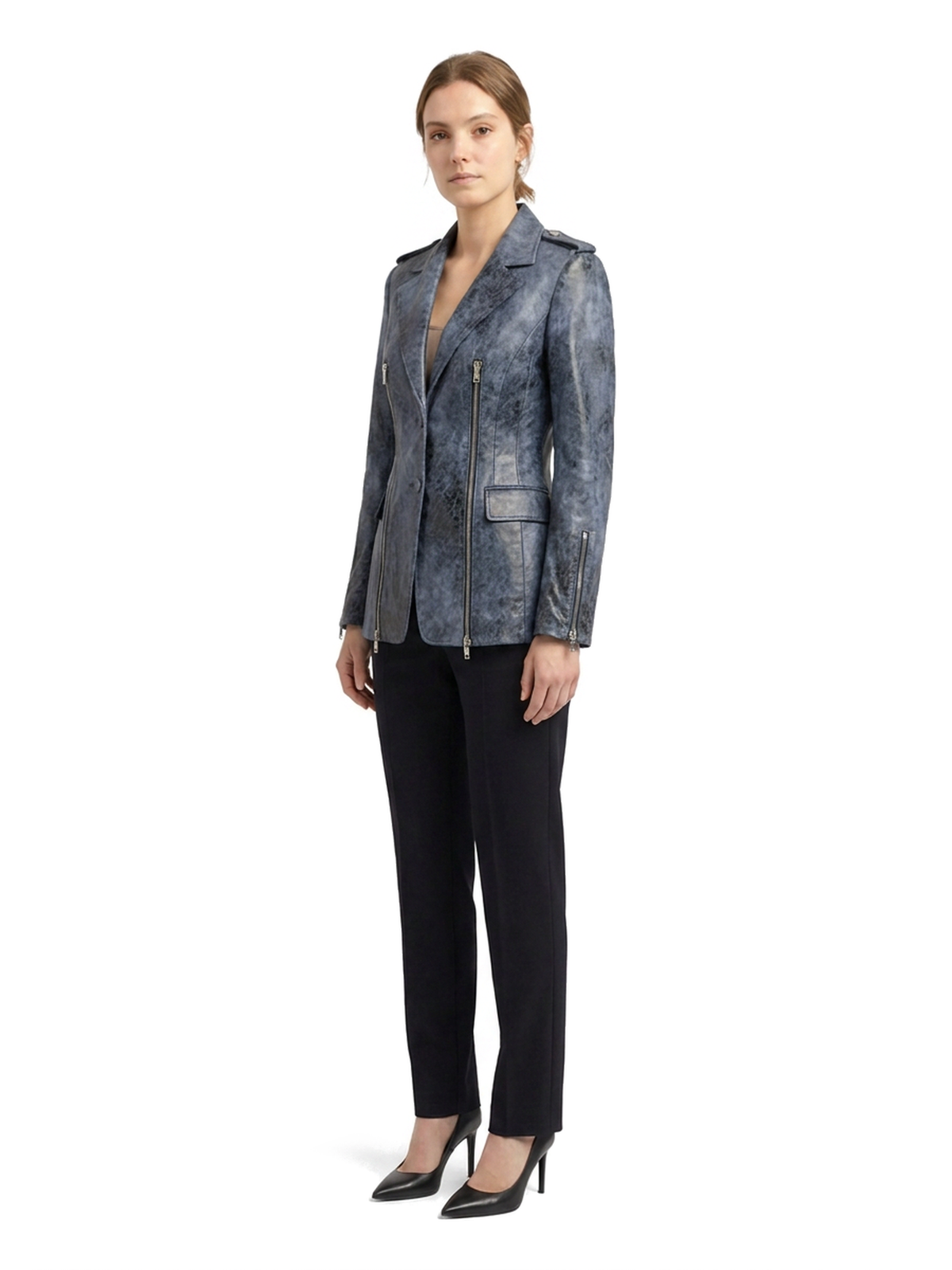 Blazer VALÉRIE en cuir d'agneau vieilli bleu délavé, deux glissières argent, vue de trois-quarts
