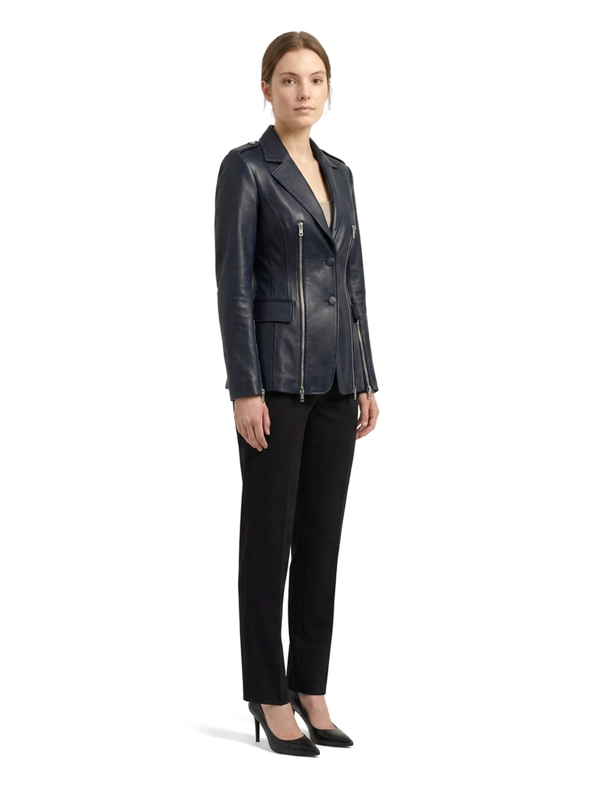Blazer VALÉRIE en cuir d'agneau bleu nuit, deux glissières argent, vue de trois-quarts