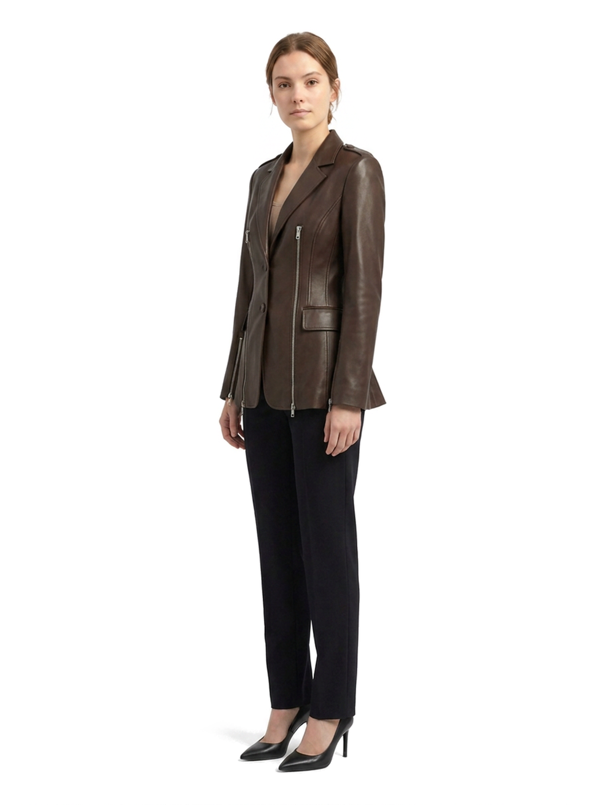 Blazer VALÉRIE en cuir d'agneau espresso, deux glissières argent, vue de trois-quarts