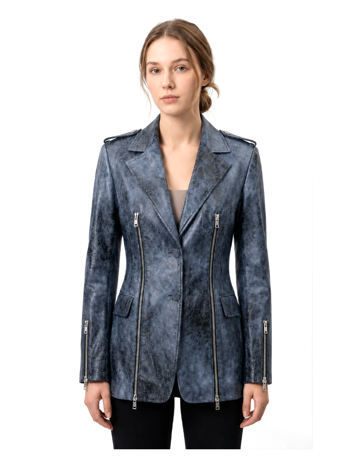 Blazer VALÉRIE en cuir d'agneau vieilli bleu délavé, deux glissières argent, plan mi-cuisse