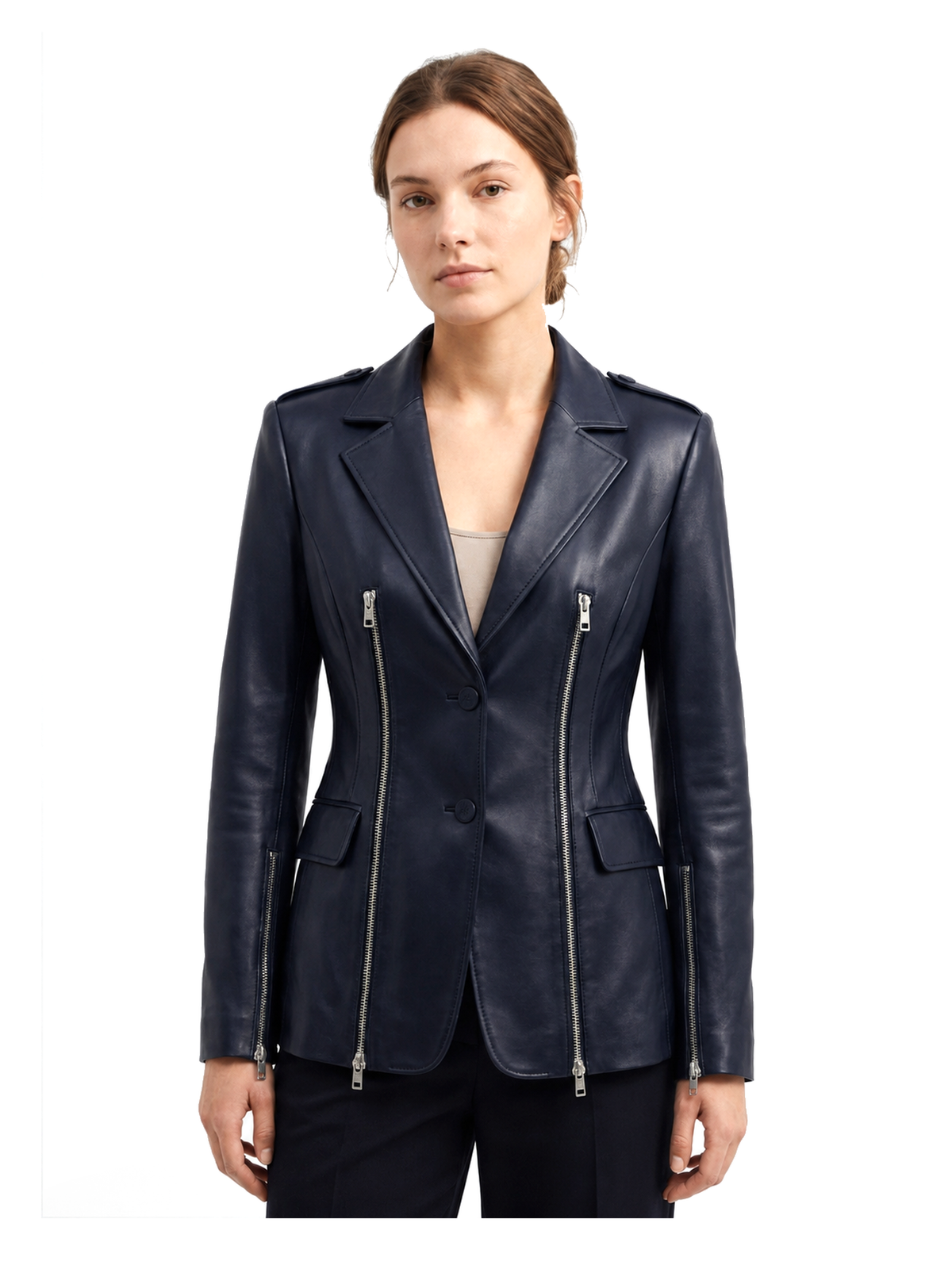 Blazer VALÉRIE en cuir d'agneau bleu nuit, deux glissières argent, plan mi-cuisse