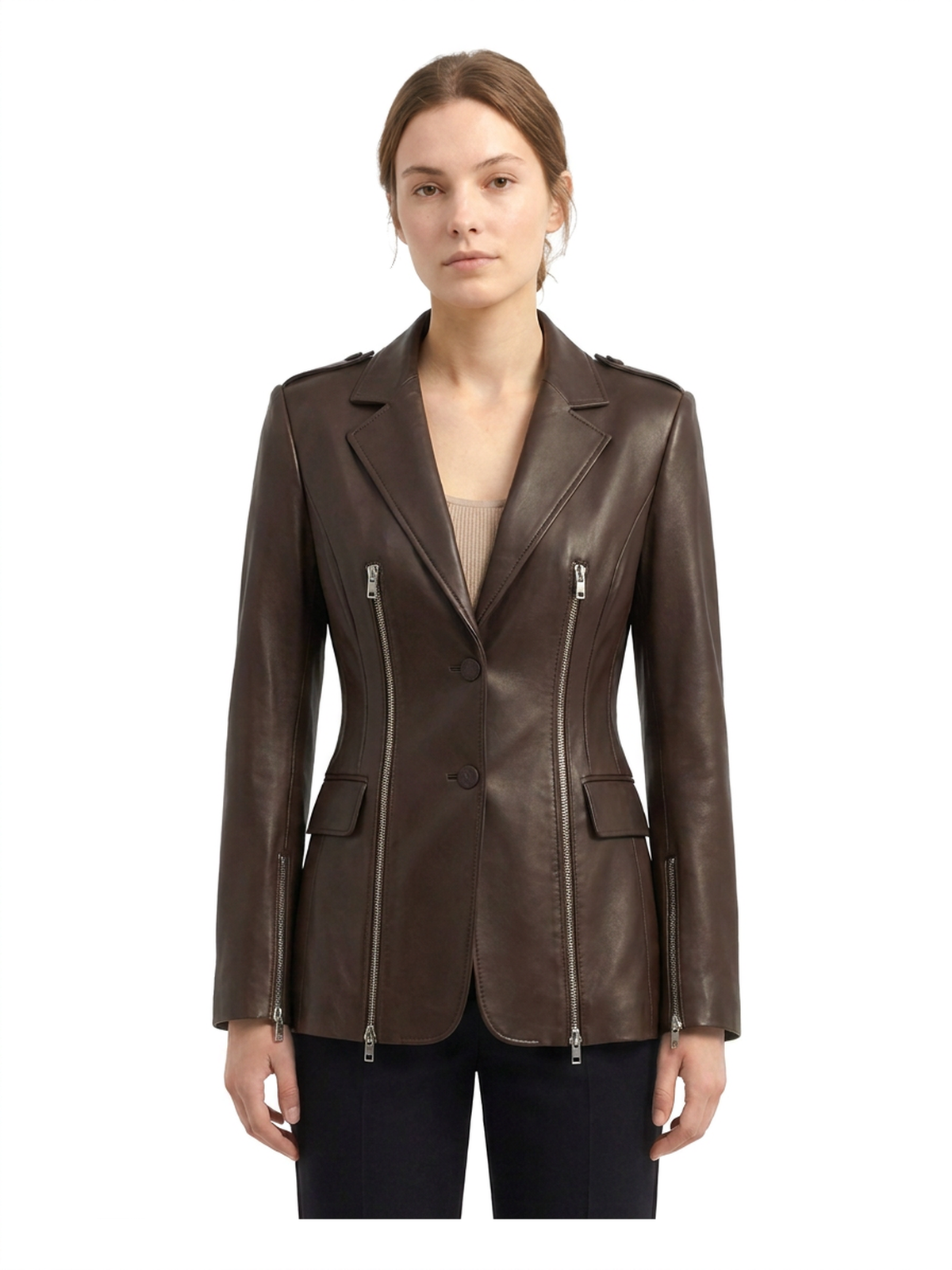 Blazer VALÉRIE en cuir d'agneau espresso, deux glissières argent, plan mi-cuisse