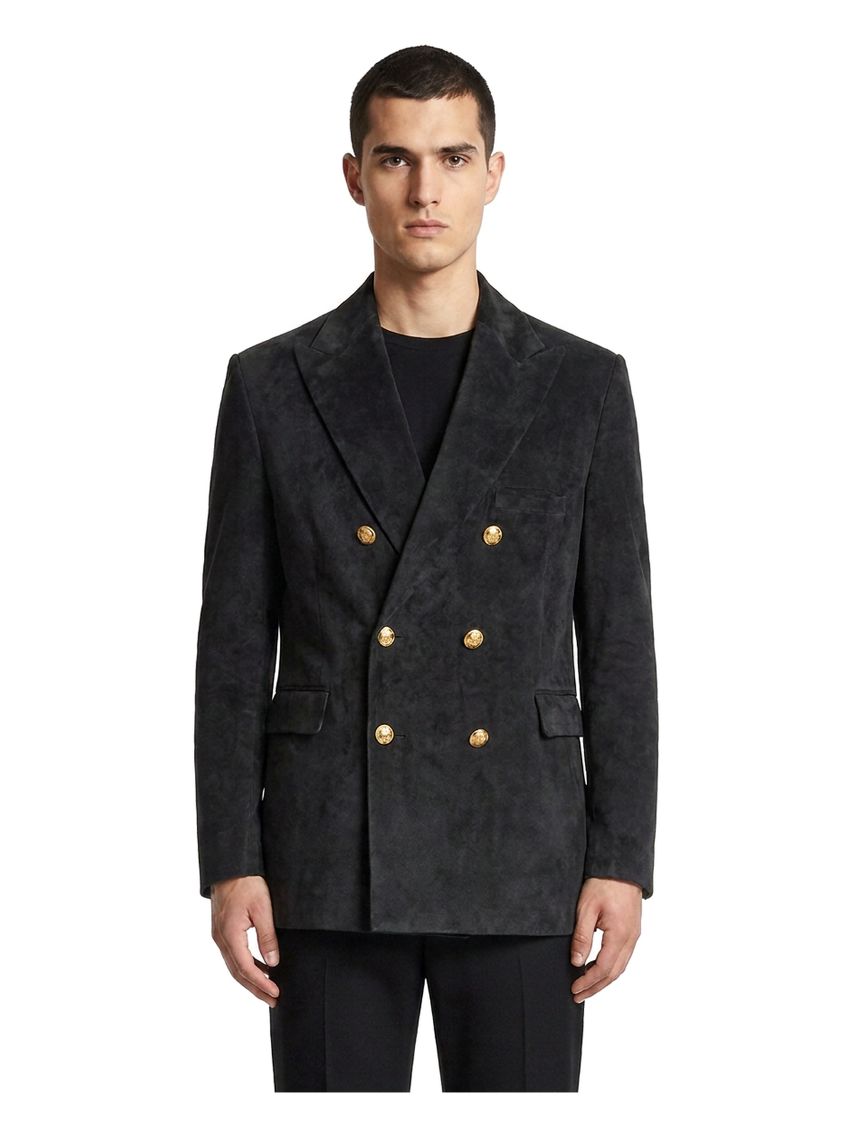 Blazer REMY en suède noir, plan serré sur les revers et les boutons dorés