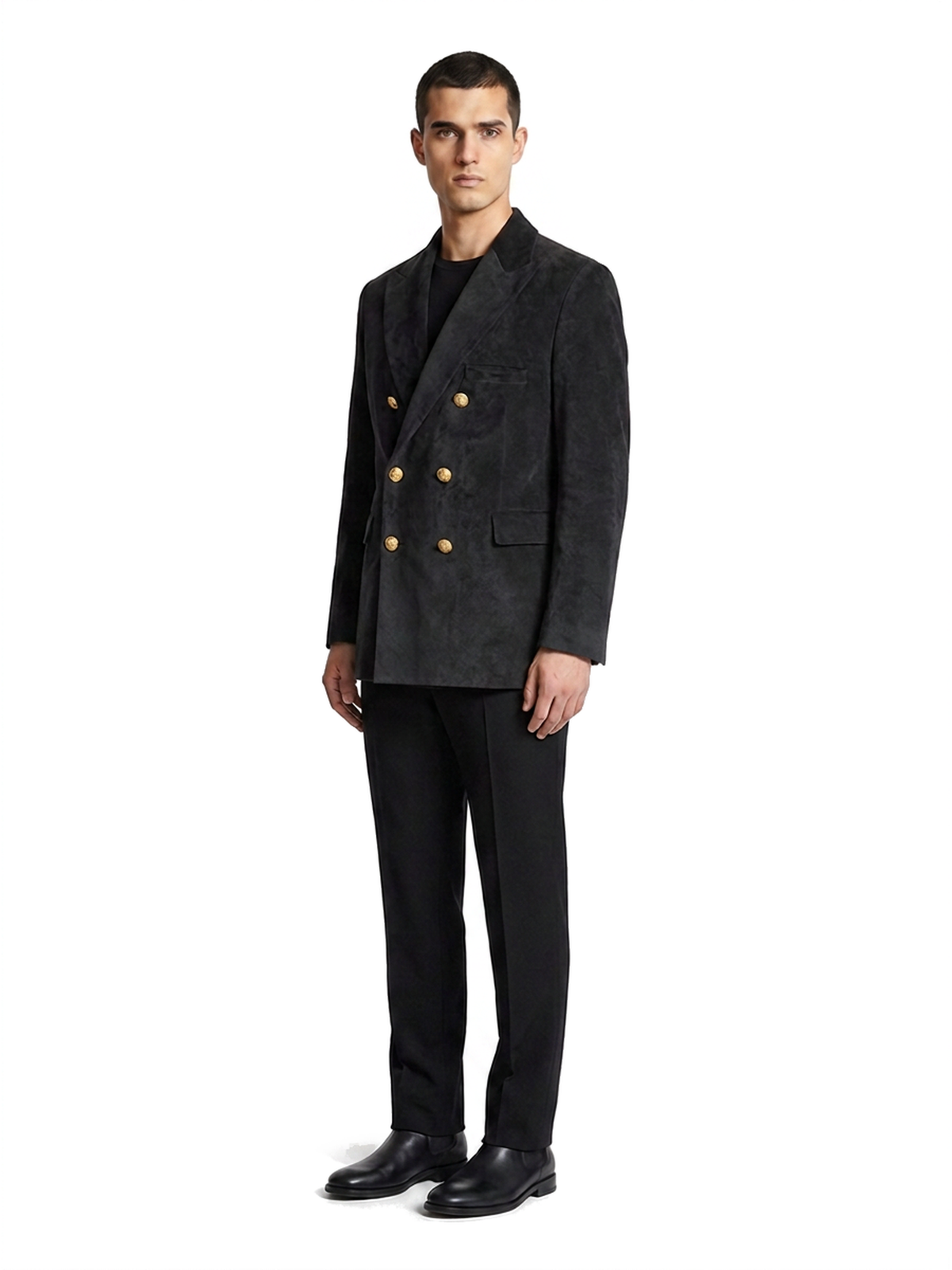 Blazer croisé REMY en suède noir, vue de trois-quarts