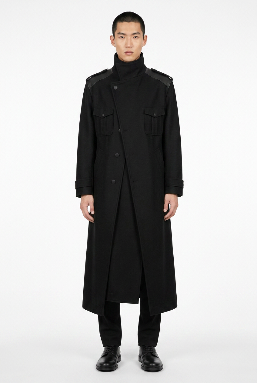 Manteau officier LÉON en laine mérinos noire et cuir, porté de face