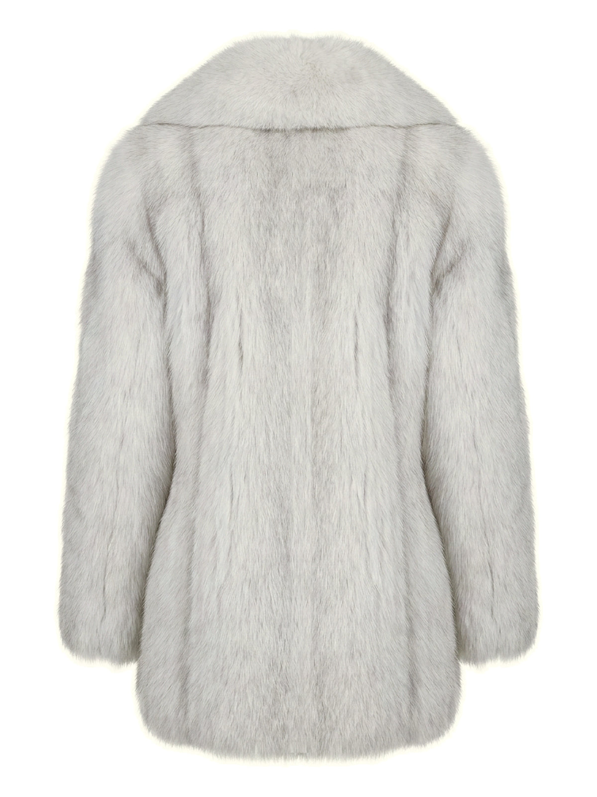 AMY, manteau court en fourrure de renard blanc, vu de dos sur mannequin invisible.