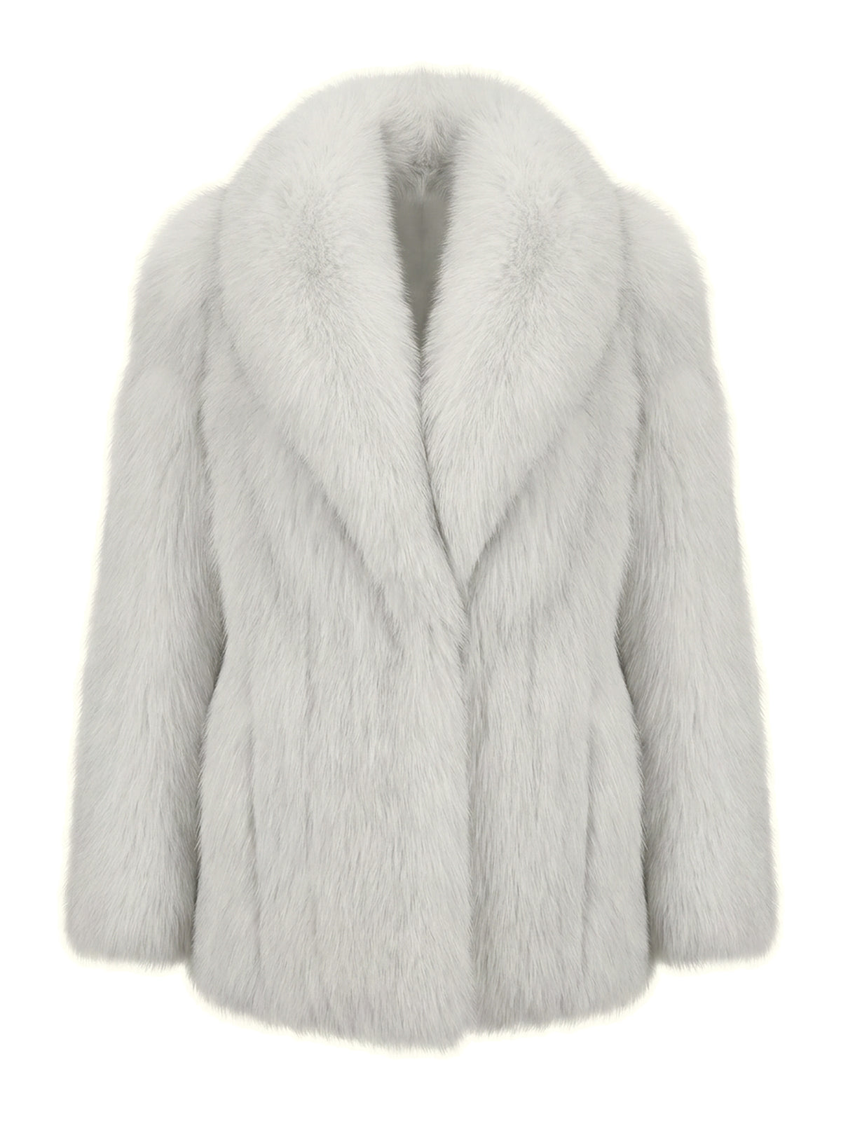 AMY, manteau court en fourrure de renard blanc, vu de face sur mannequin invisible.