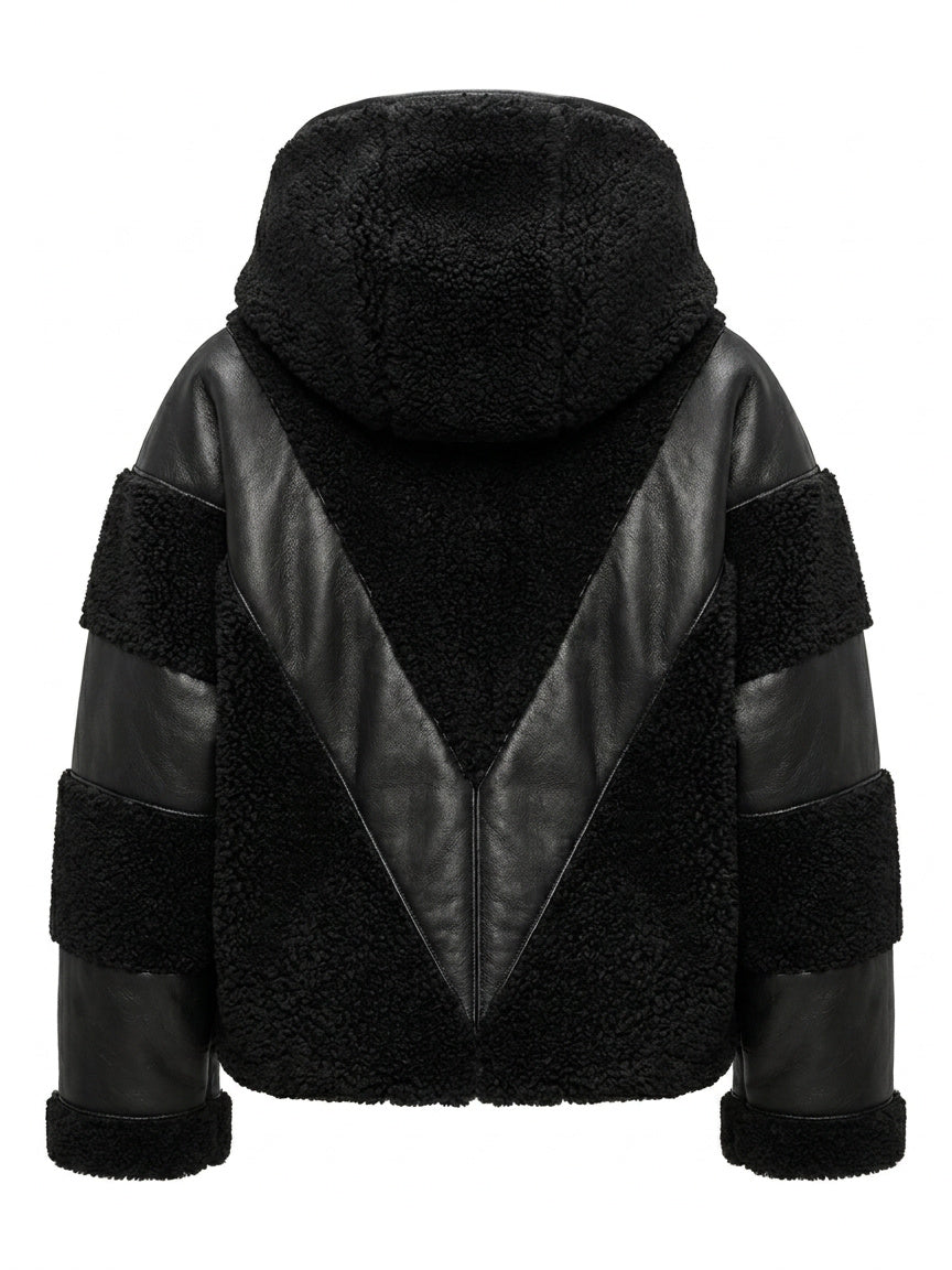 ANTONIN, blouson à capuche en shearling et cuir, vu de dos sur mannequin invisible.