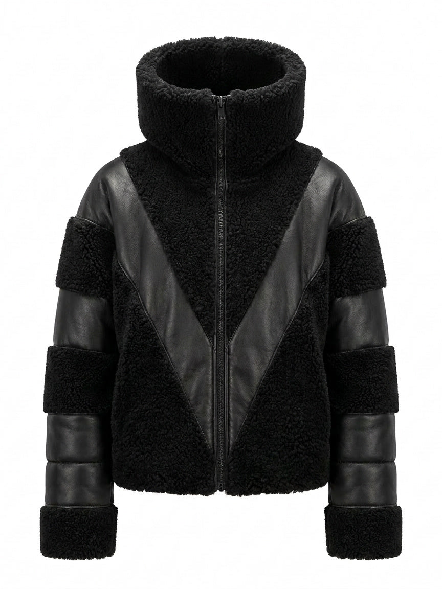 ANTONIN, blouson à capuche en shearling et cuir, vu de face sur mannequin invisible.