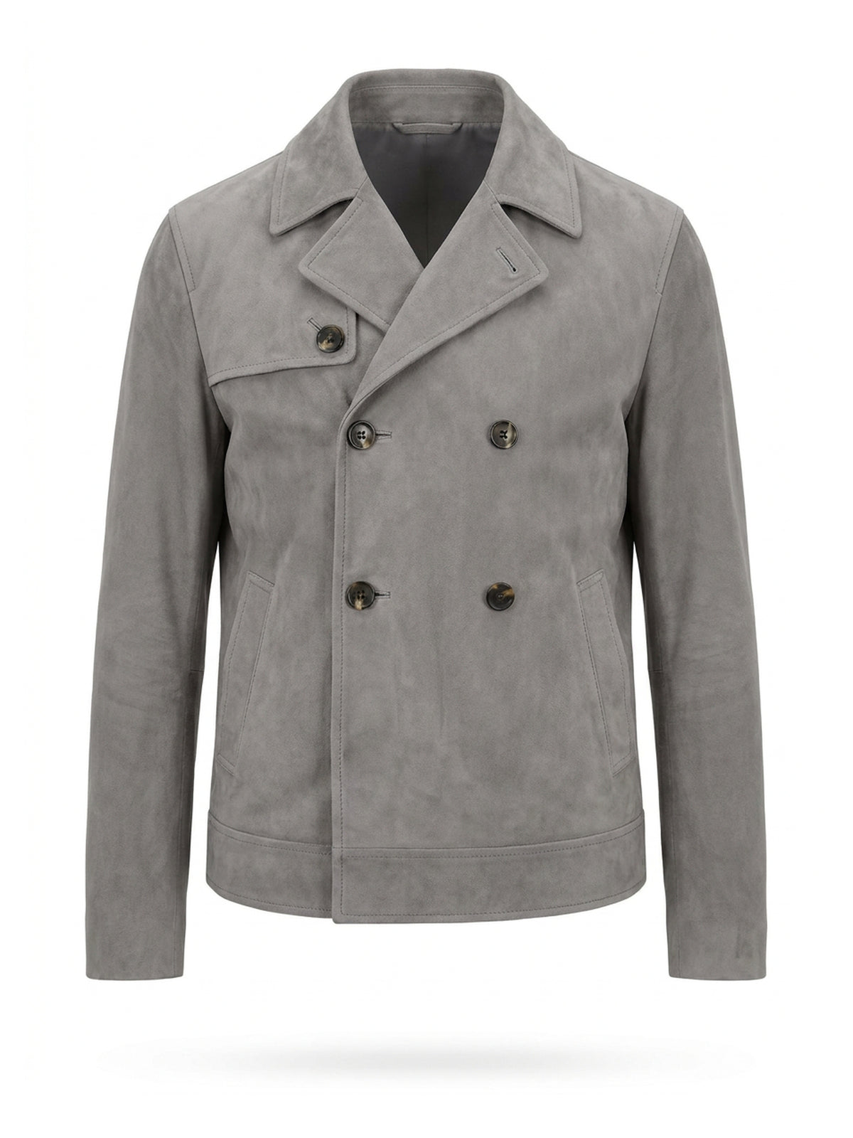BEAUMONT, trench court en cuir de suède gris, vu de face sur mannequin invisible.