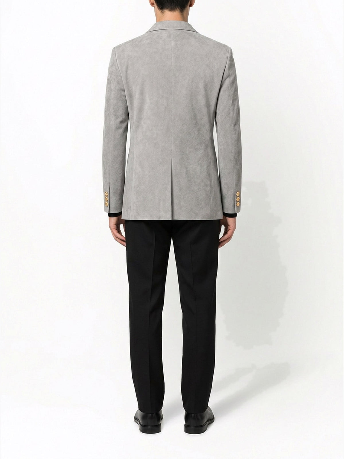 Blazer en suède gris porté de dos, collection RADICE Maison Godefroi