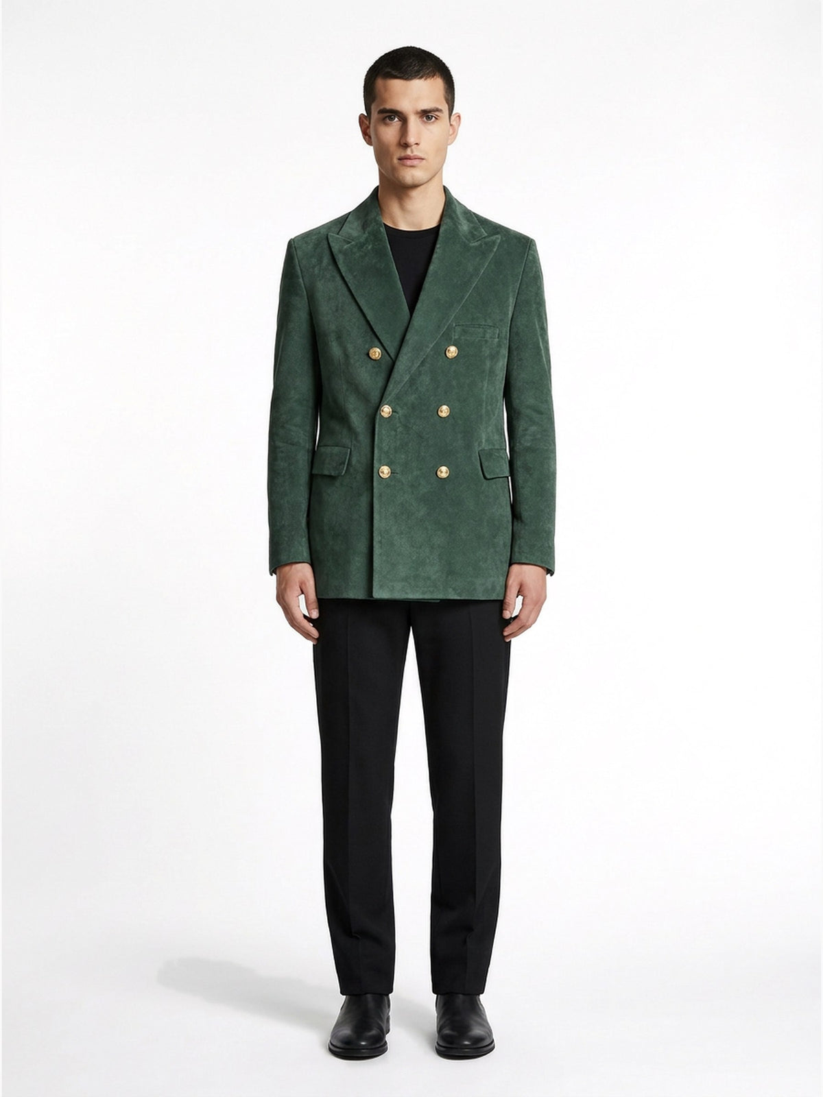 Blazer en suède vert porté de face, collection RADICE Maison Godefroi