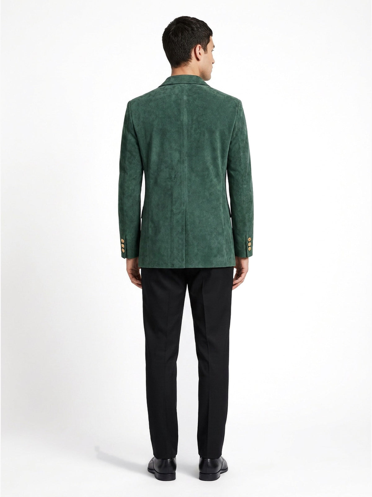 Blazer en suède vert porté de dos, collection RADICE Maison Godefroi