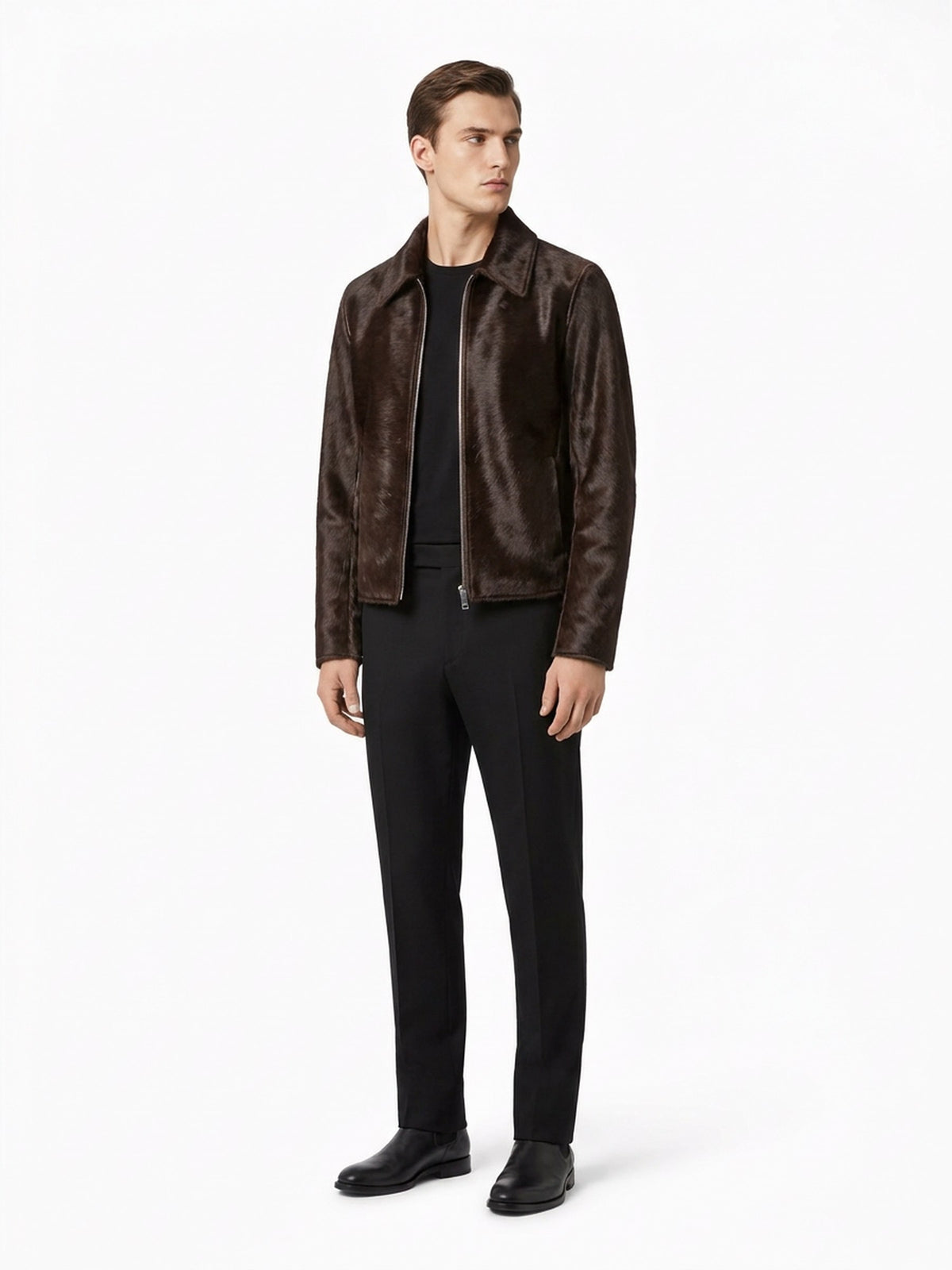 Blouson en veau façon poulain espresso, vue trois-quarts.