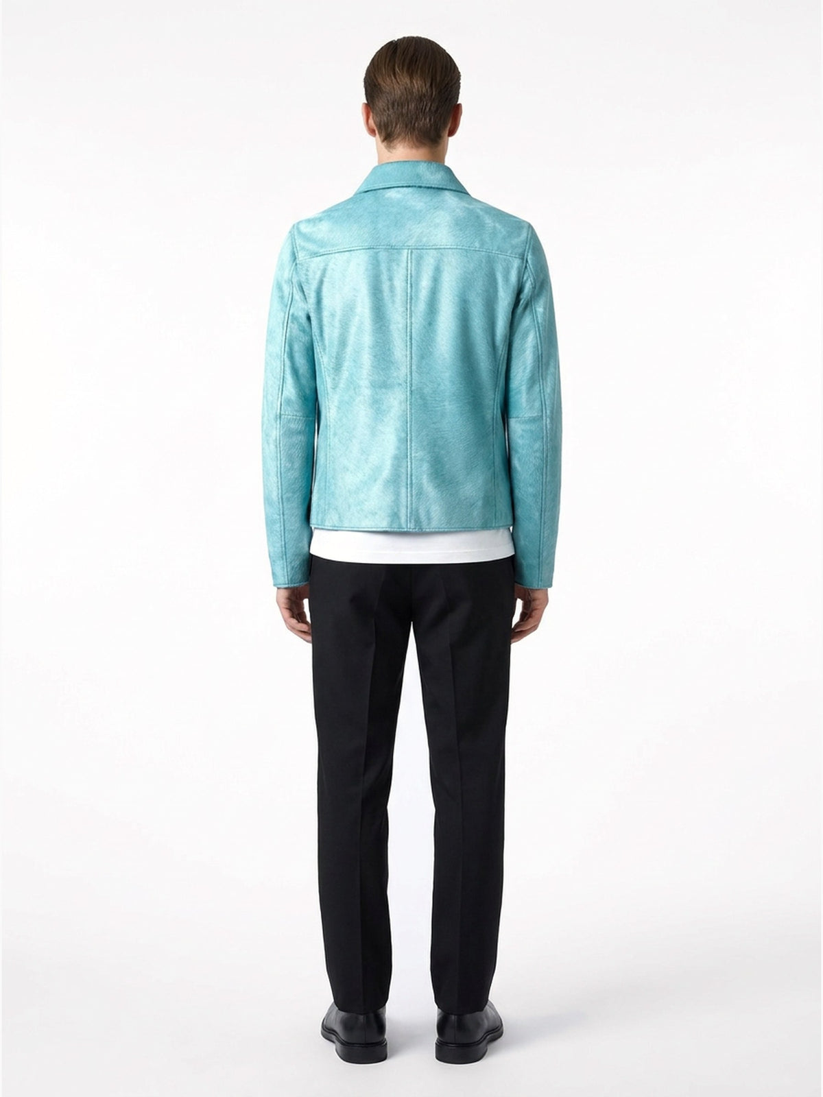 Blouson en veau façon poulain turquoise, vue dos.