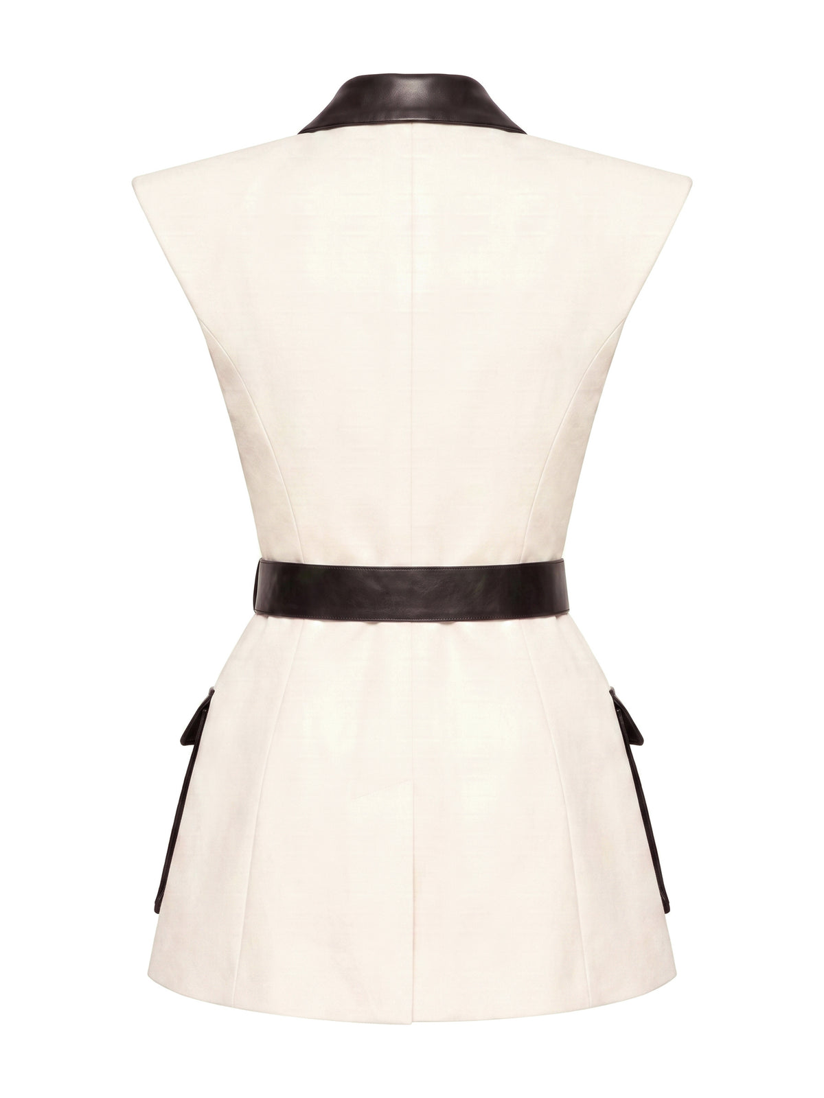 BRIDGET, gilet sans manches en laine ivoire et cuir d'agneau, vu de dos sur mannequin invisible.