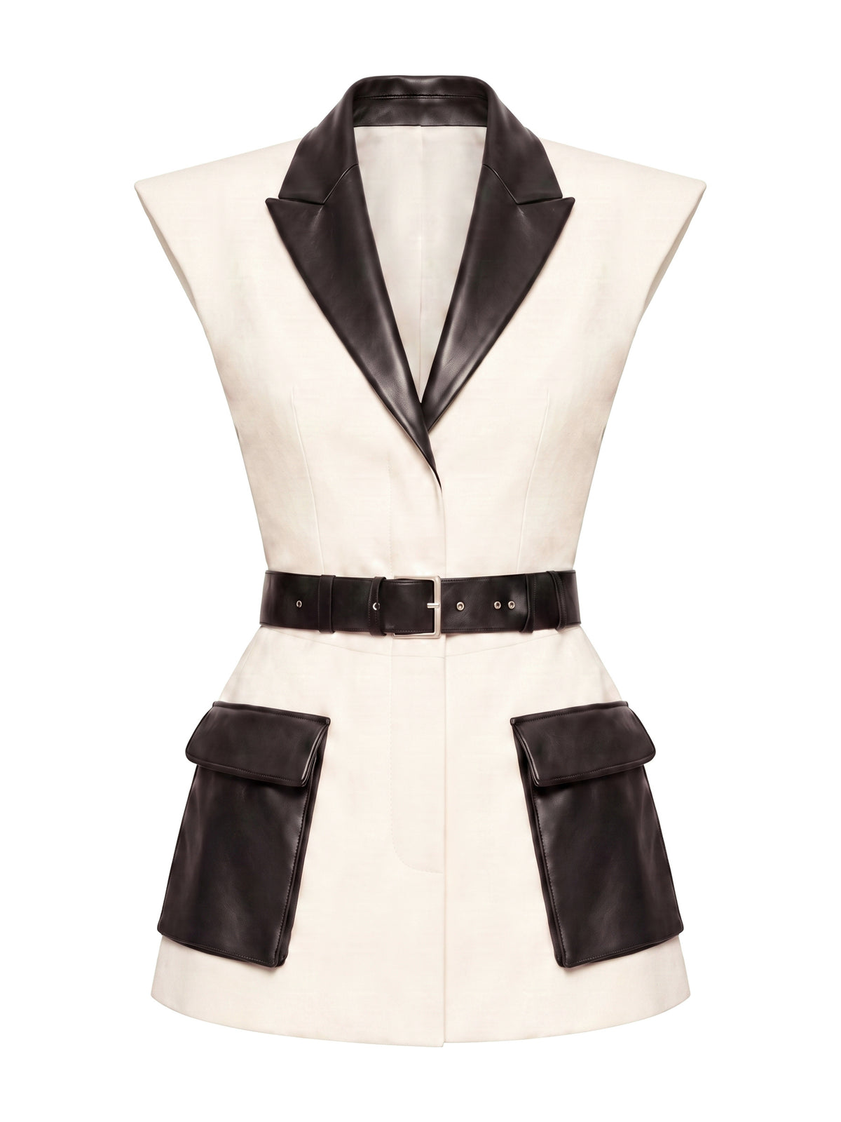 BRIDGET, gilet sans manches en laine ivoire et cuir d'agneau, vu de face sur mannequin invisible.