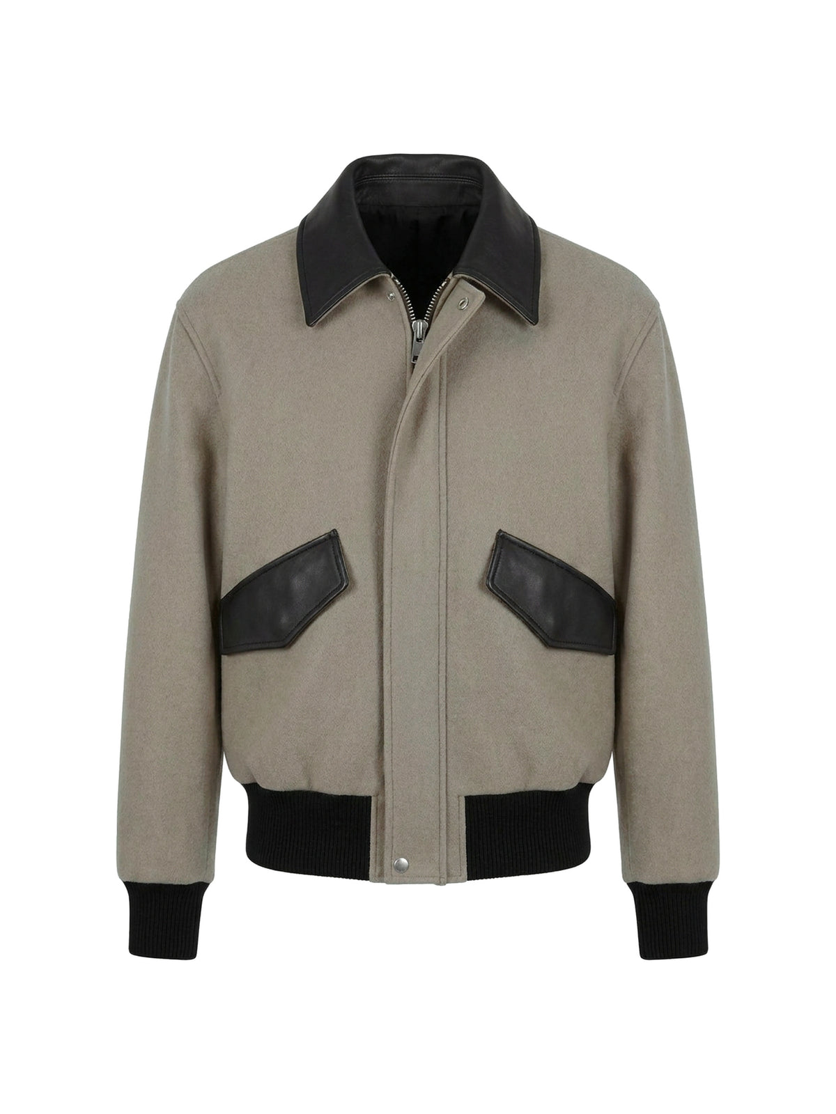 HENRI, blouson en lainage à col de cuir d'agneau noir, vu de face sur mannequin invisible.