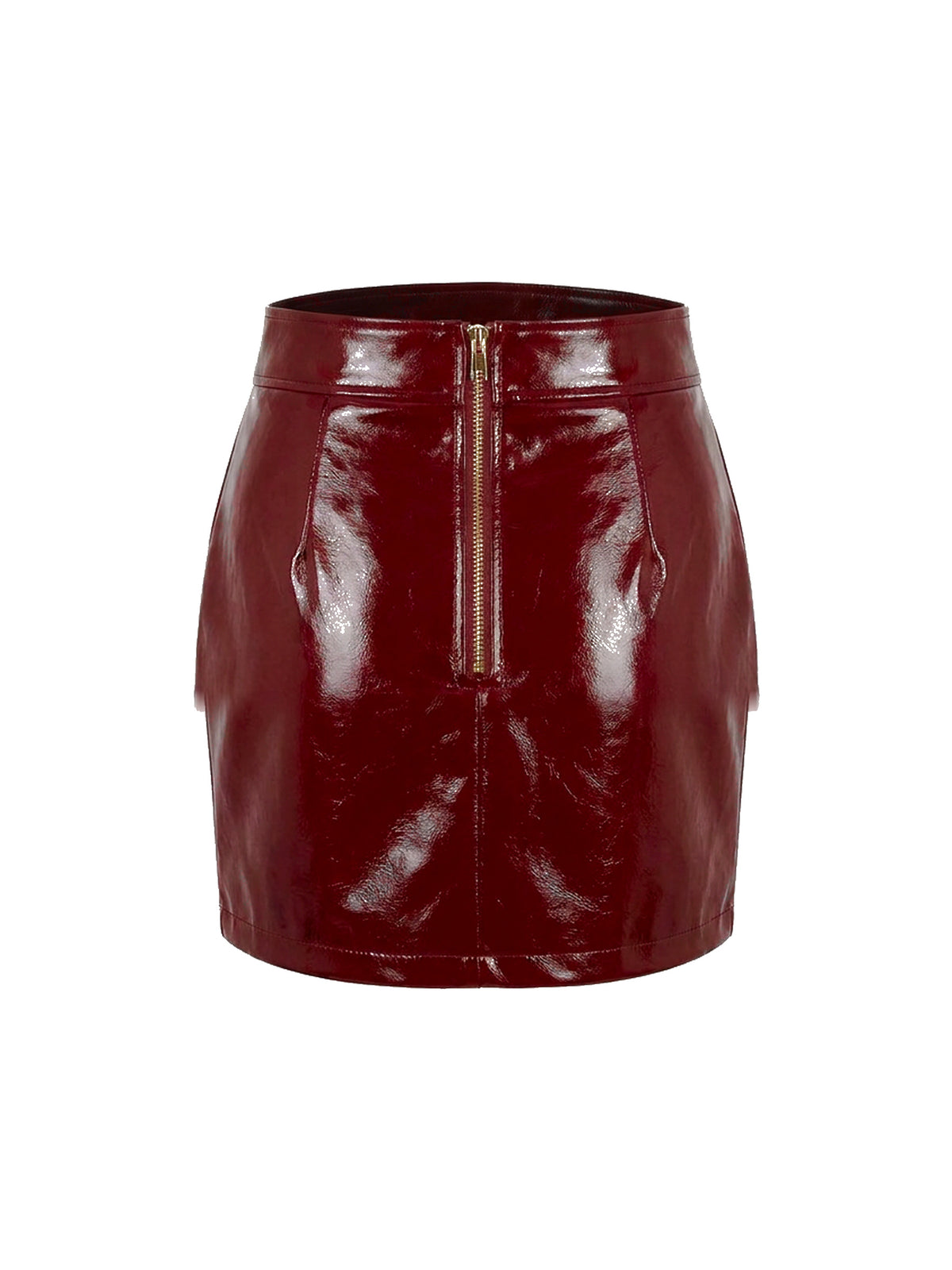 JEANNE, jupe courte en cuir verni rouge cerise, vue de dos sur mannequin invisible.