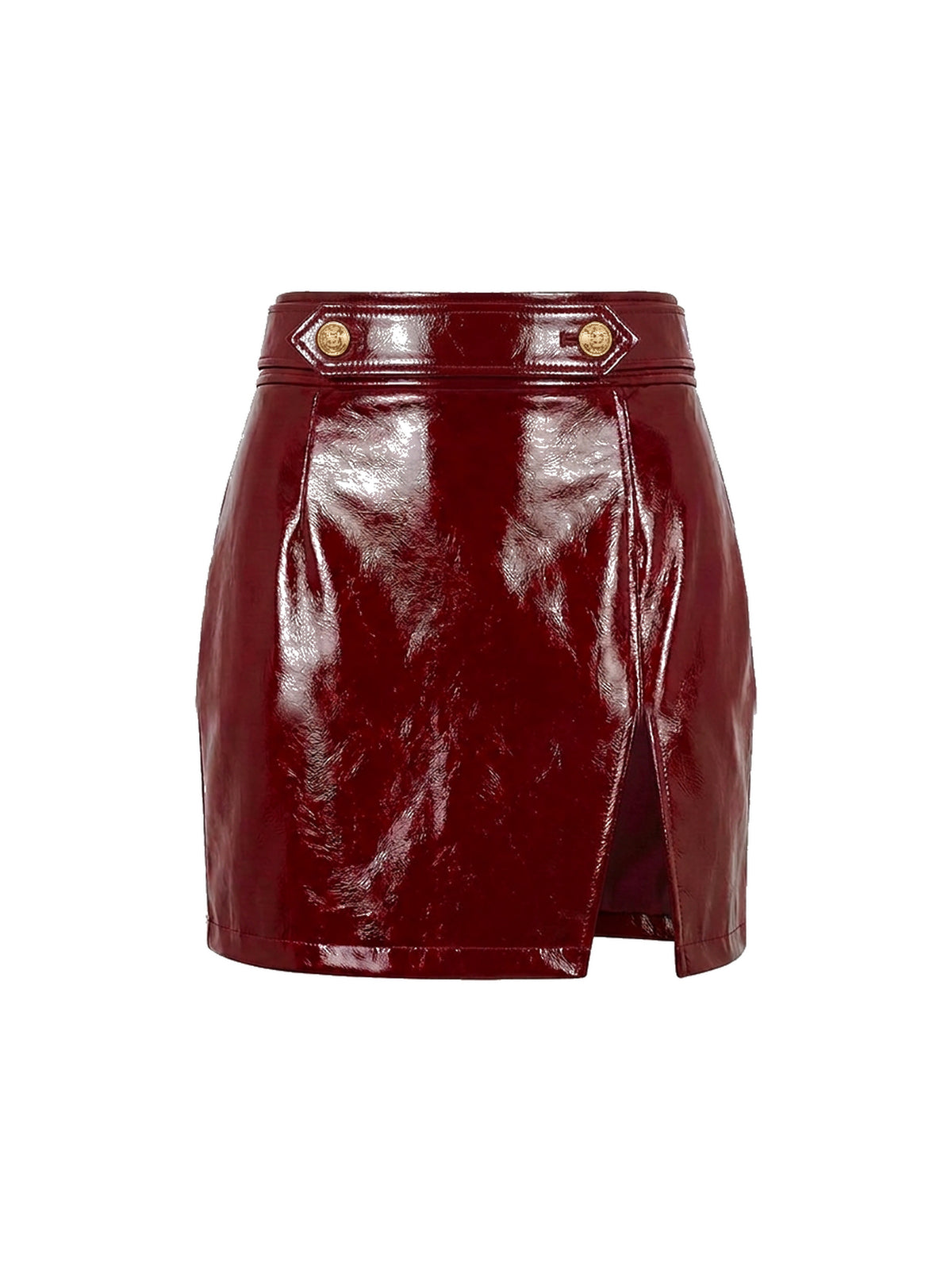 JEANNE, jupe courte en cuir verni rouge cerise, vue de face sur mannequin invisible.