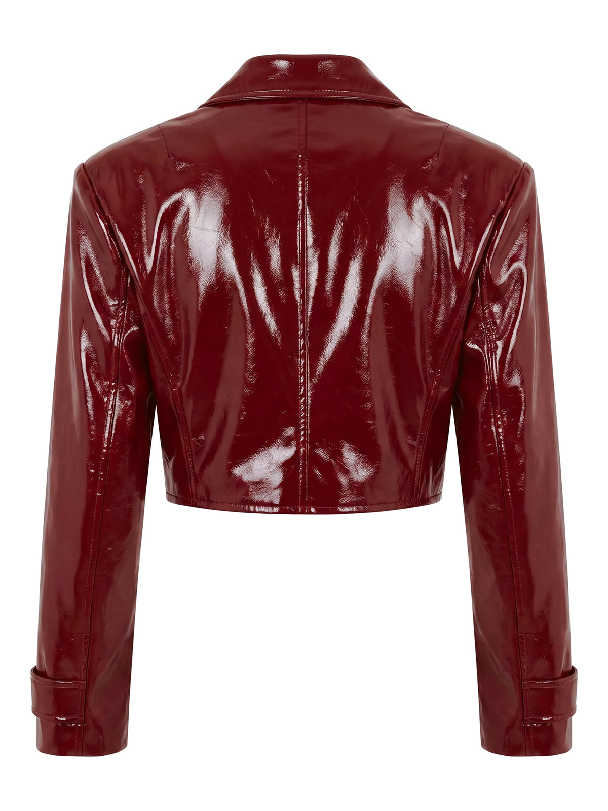 JEANNE, veste courte croisée en cuir verni rouge cerise, vue de dos sur mannequin invisible.