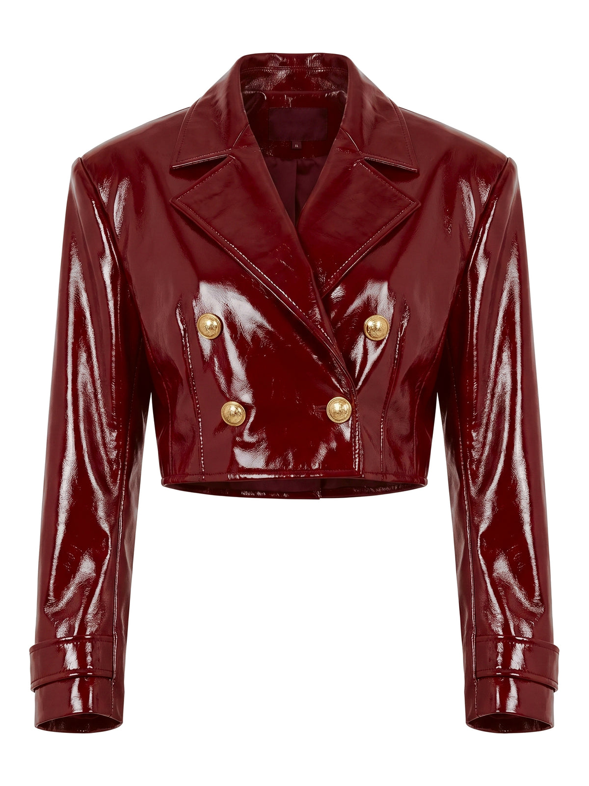 JEANNE, veste courte croisée en cuir verni rouge cerise, vue de face sur mannequin invisible.