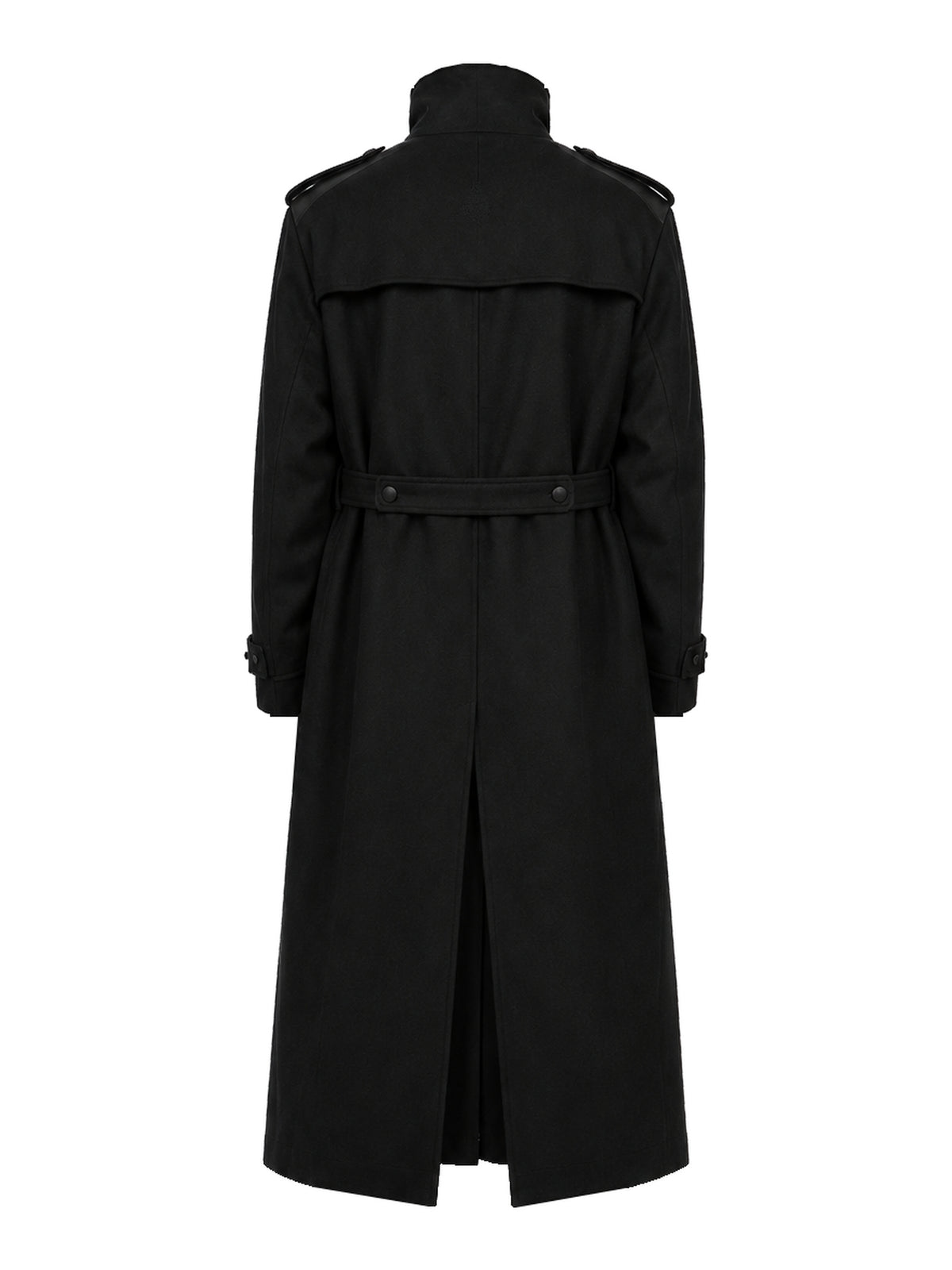 LÉON, manteau officier long en laine mérinos noire et cuir, vu de dos sur mannequin invisible.