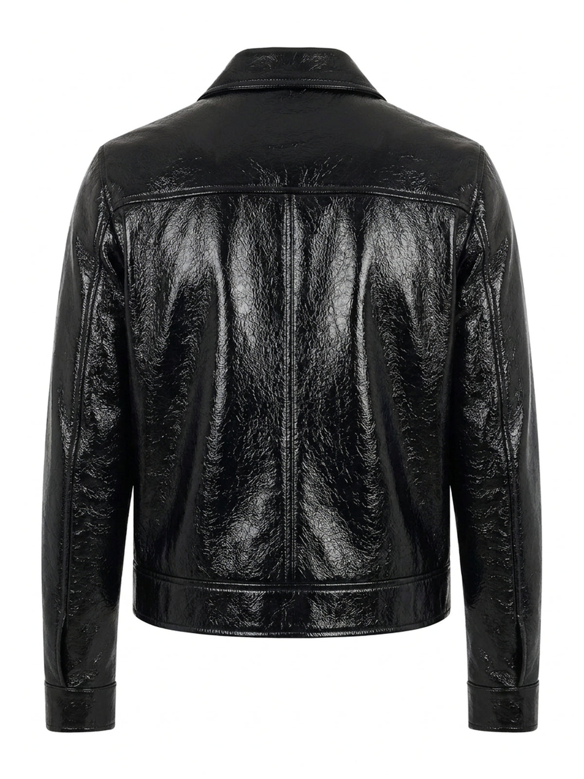 LUCIEN, blouson court en cuir verni noir, vu de dos sur mannequin invisible.