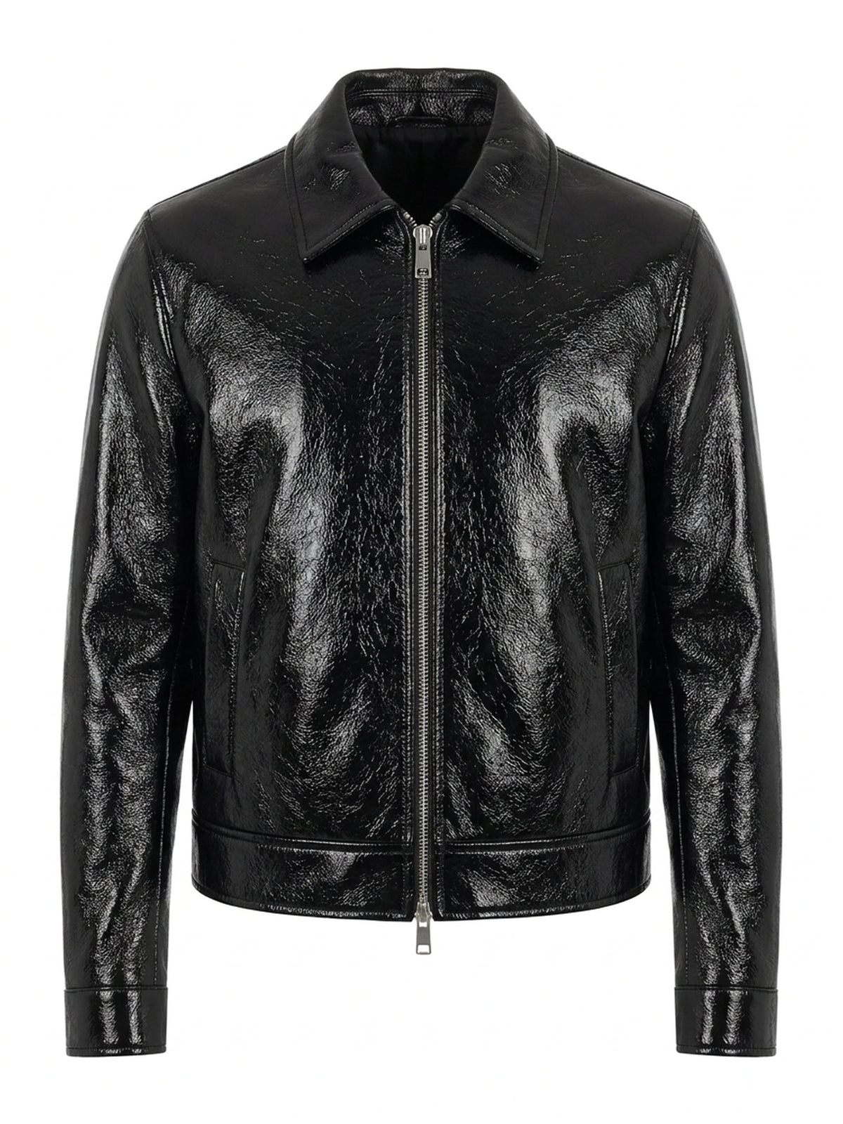 LUCIEN, blouson court en cuir verni noir, vu de face sur mannequin invisible.