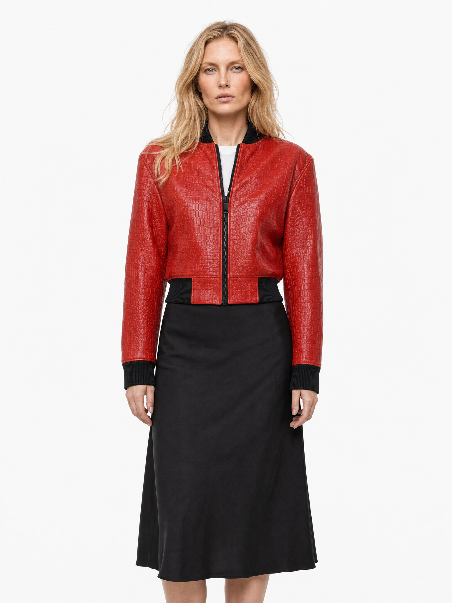 JANET || Red crocodile leather bomber jacket