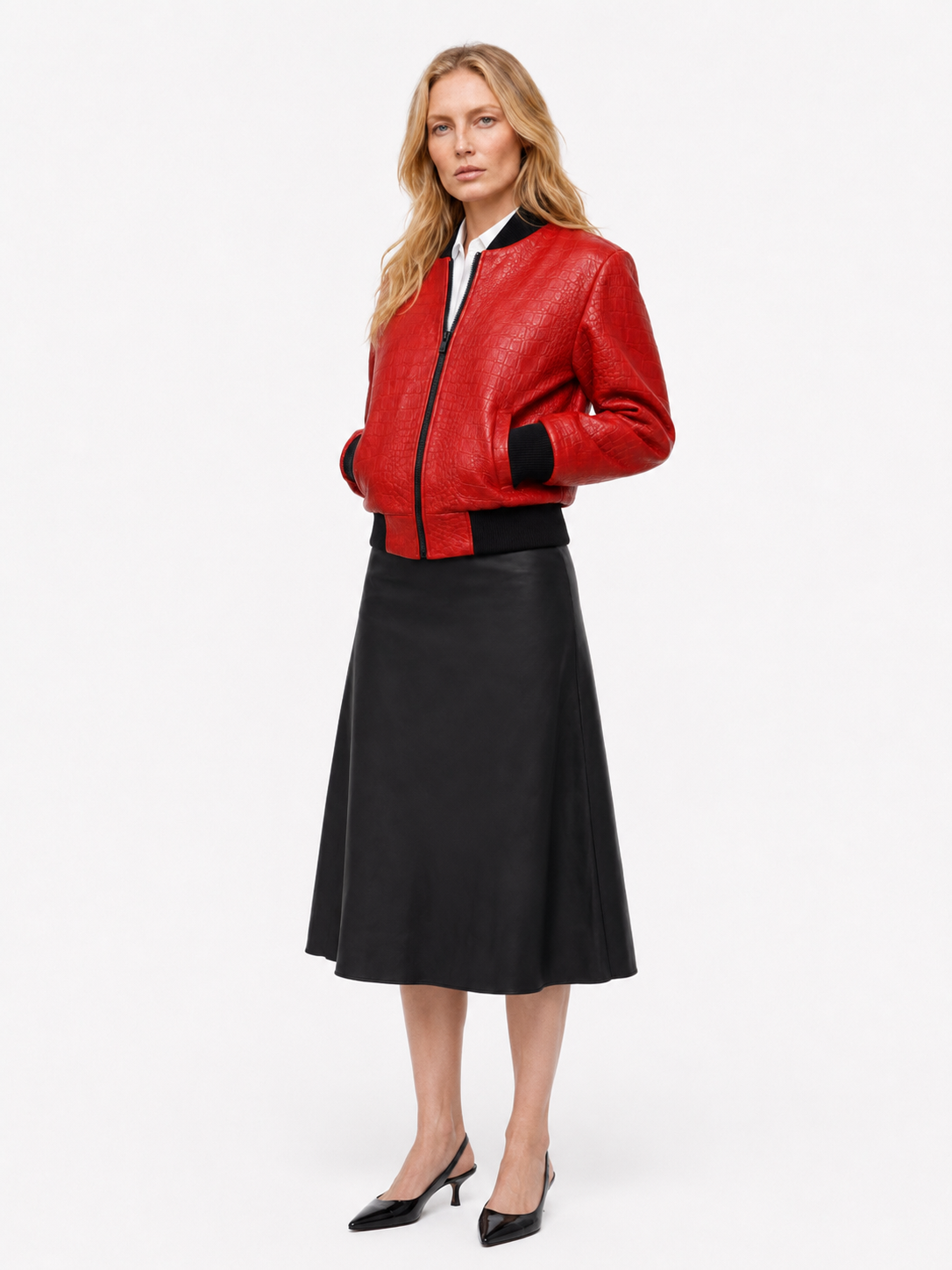 JANET || Red crocodile leather bomber jacket