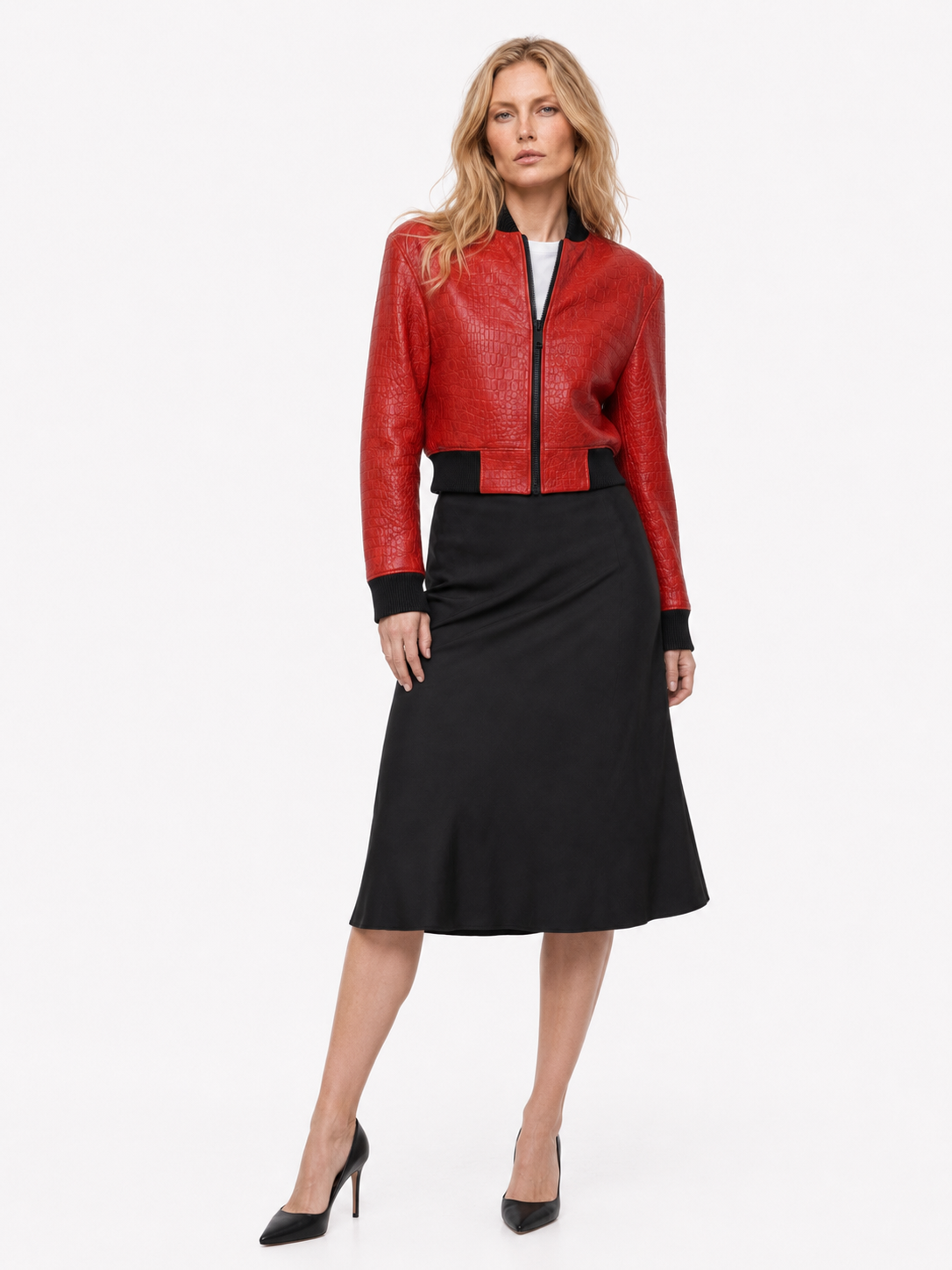 JANET || Red crocodile leather bomber jacket