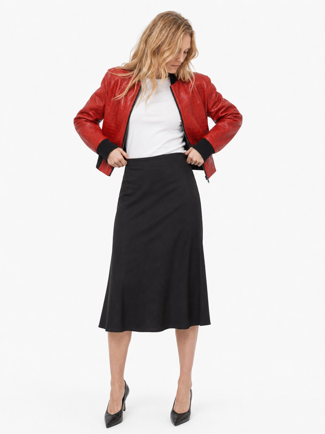 JANET || Red crocodile leather bomber jacket