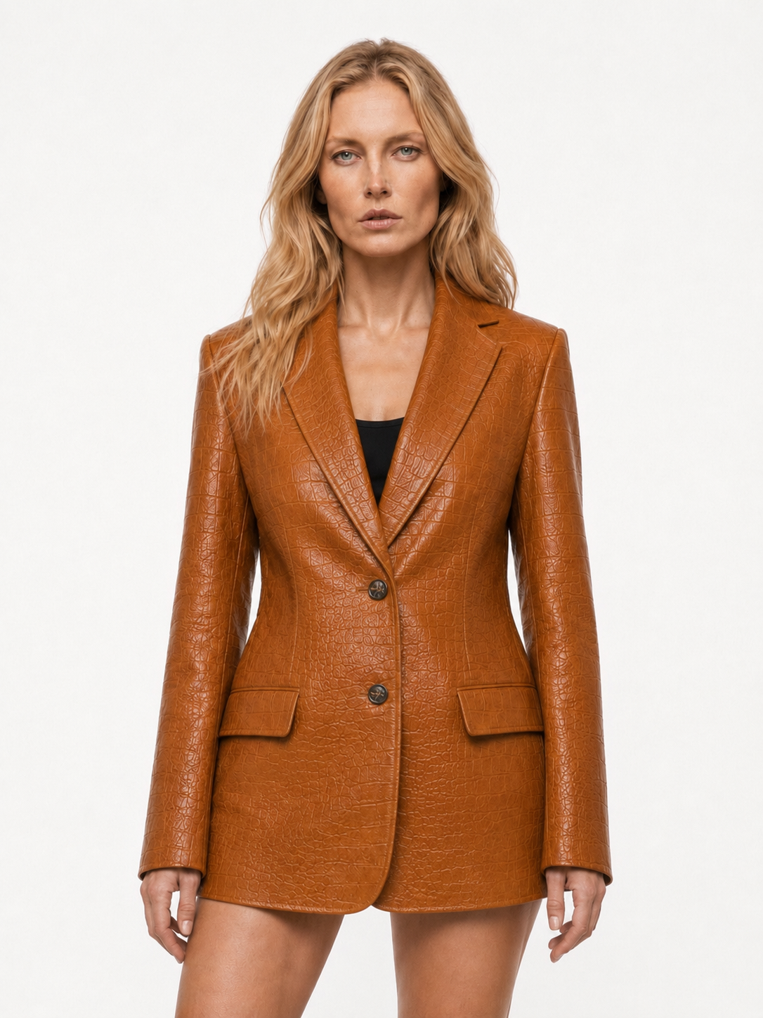 Noelle || Cognac Embossed Leather Blazer