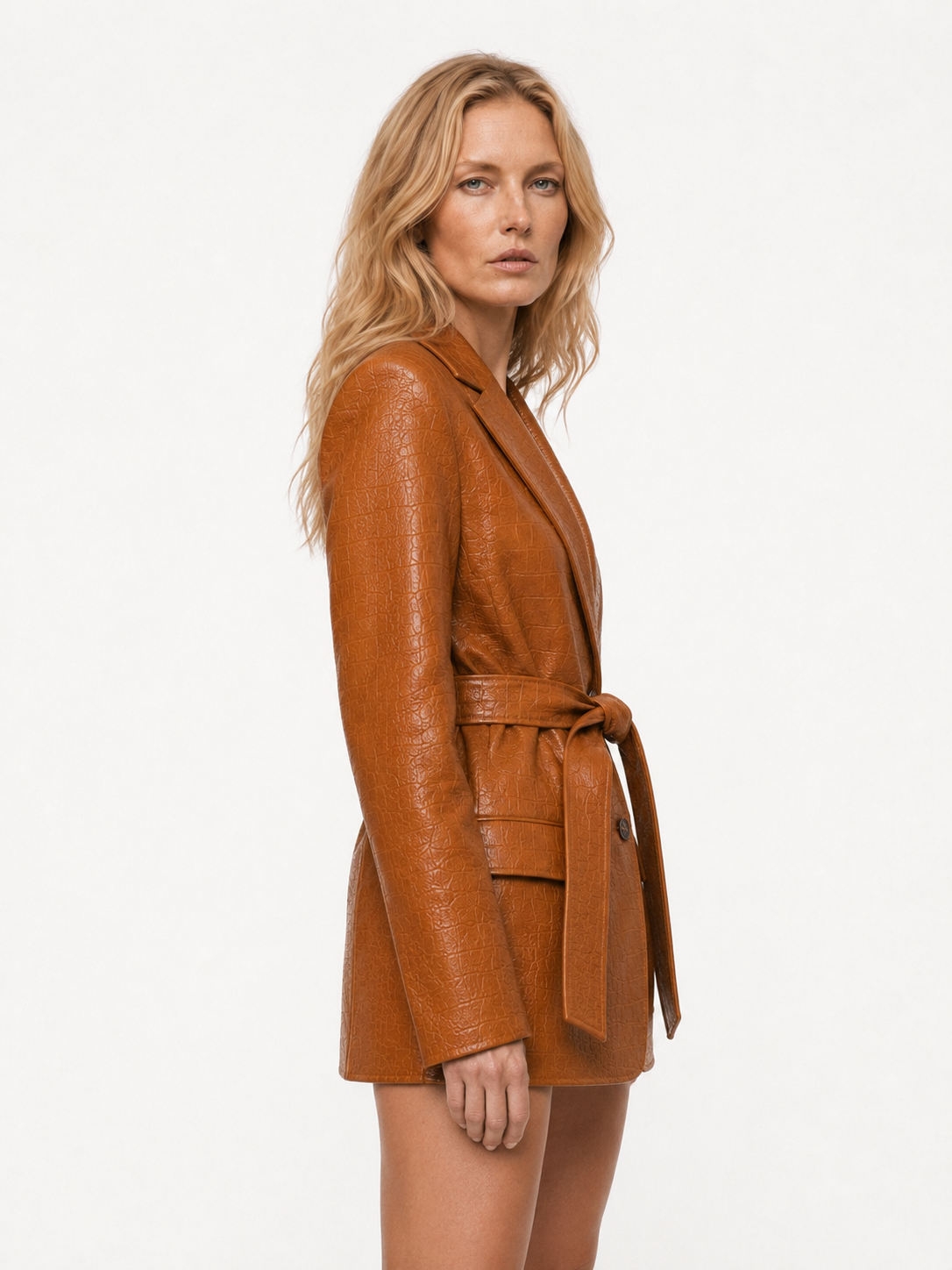 Noelle || Cognac Embossed Leather Blazer