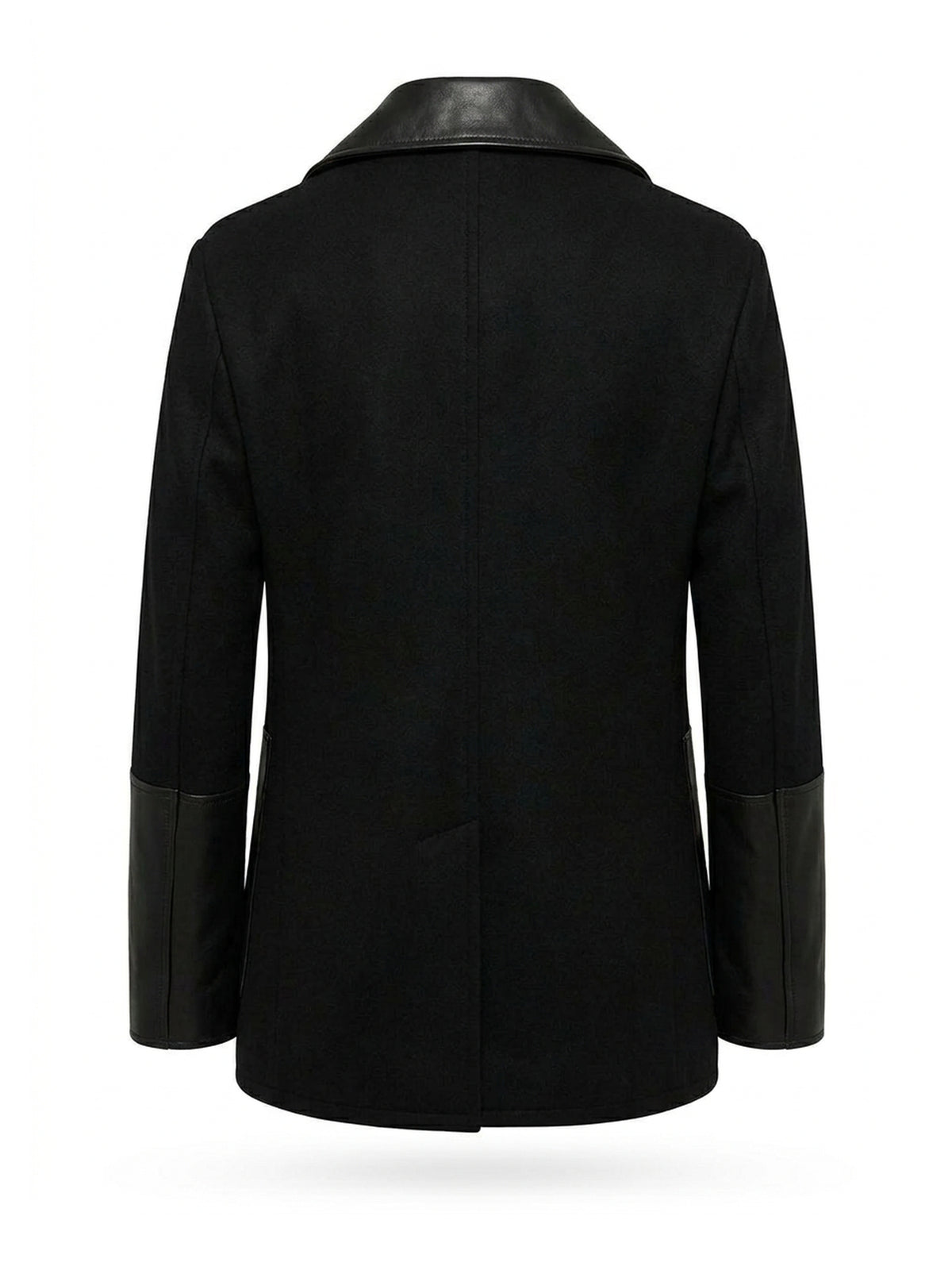 MARCEL, caban en laine mérinos noire et cuir d'agneau, vu de dos sur mannequin invisible.